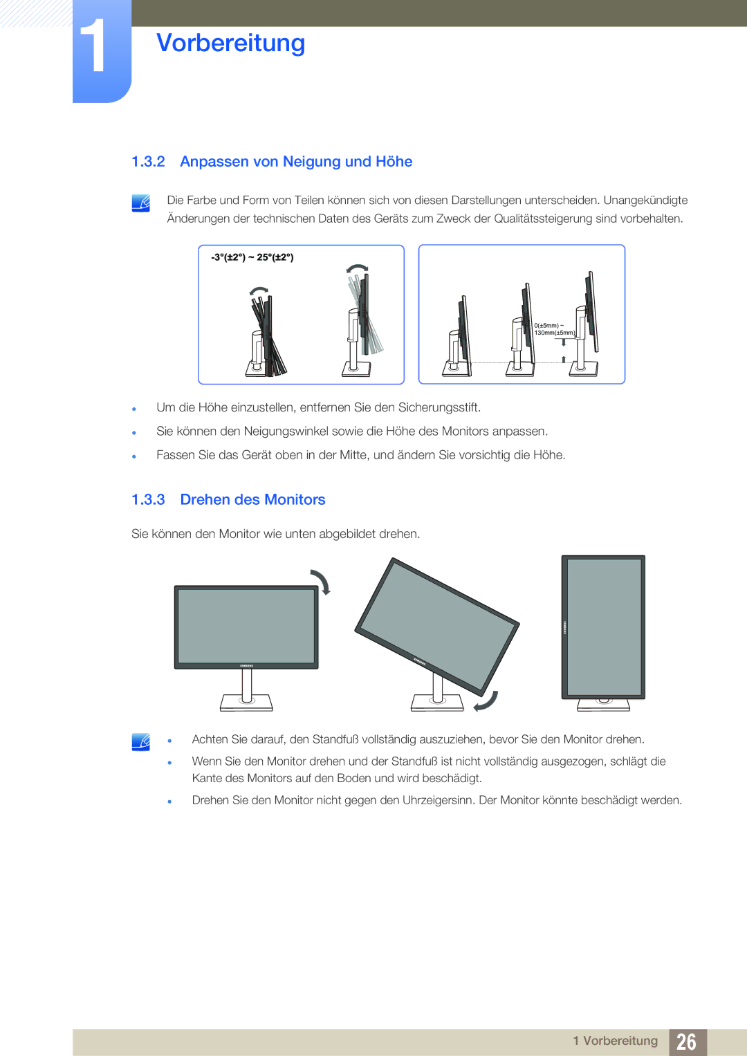 Samsung LS22C45UFS/EN, LS24C45UFS/EN manual Anpassen von Neigung und Höhe, Drehen des Monitors 