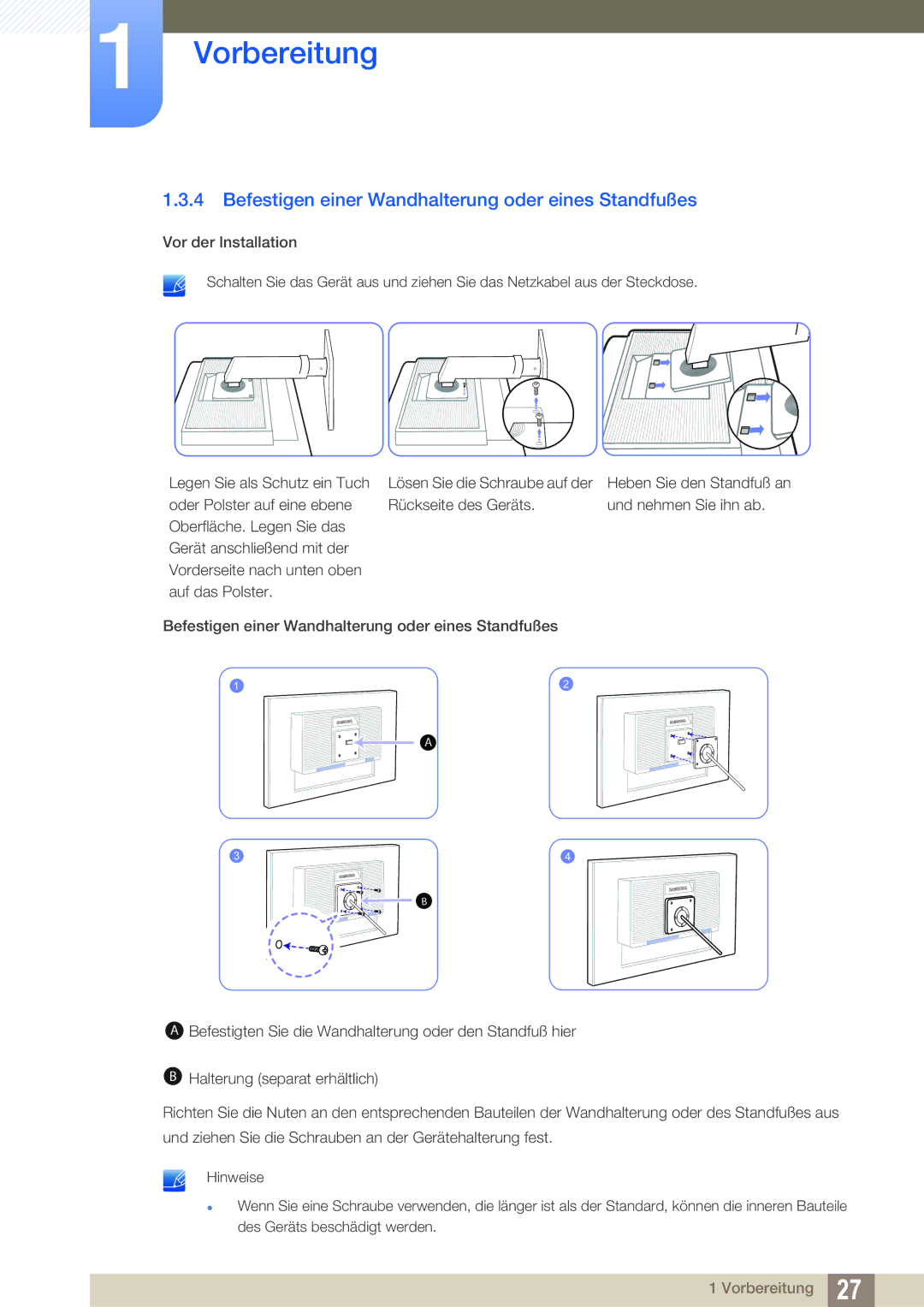 Samsung LS24C45UFS/EN, LS22C45UFS/EN manual Befestigen einer Wandhalterung oder eines Standfußes 