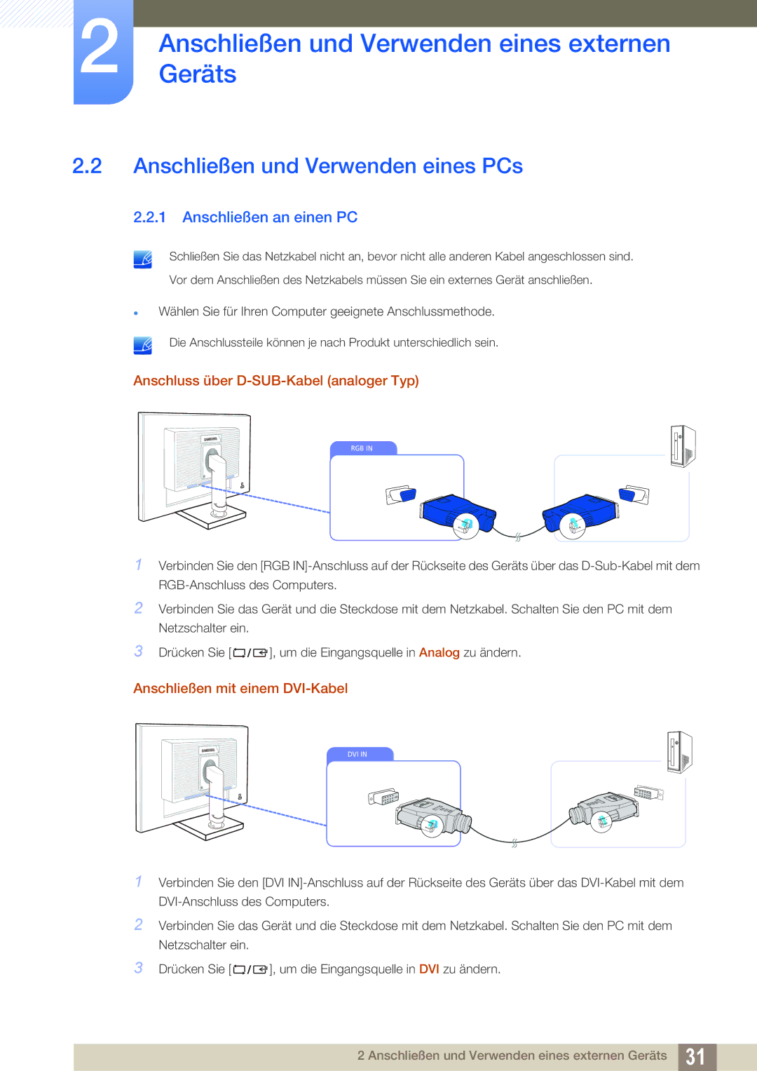 Samsung LS24C45UFS/EN manual Anschließen und Verwenden eines PCs, Anschließen an einen PC, Anschließen mit einem DVI-Kabel 