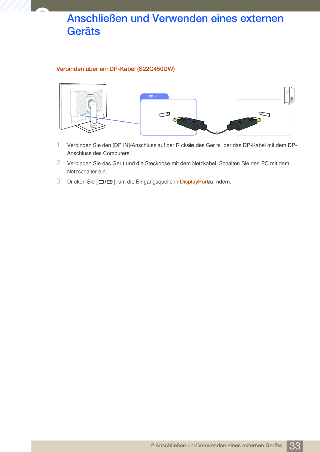 Samsung LS24C45UFS/EN, LS22C45UFS/EN manual Verbinden über ein DP-Kabel S22C450DW 