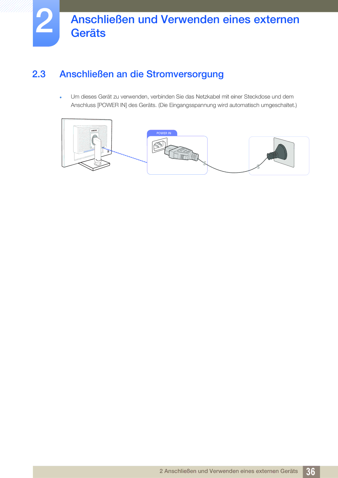 Samsung LS22C45UFS/EN, LS24C45UFS/EN manual Anschließen an die Stromversorgung 