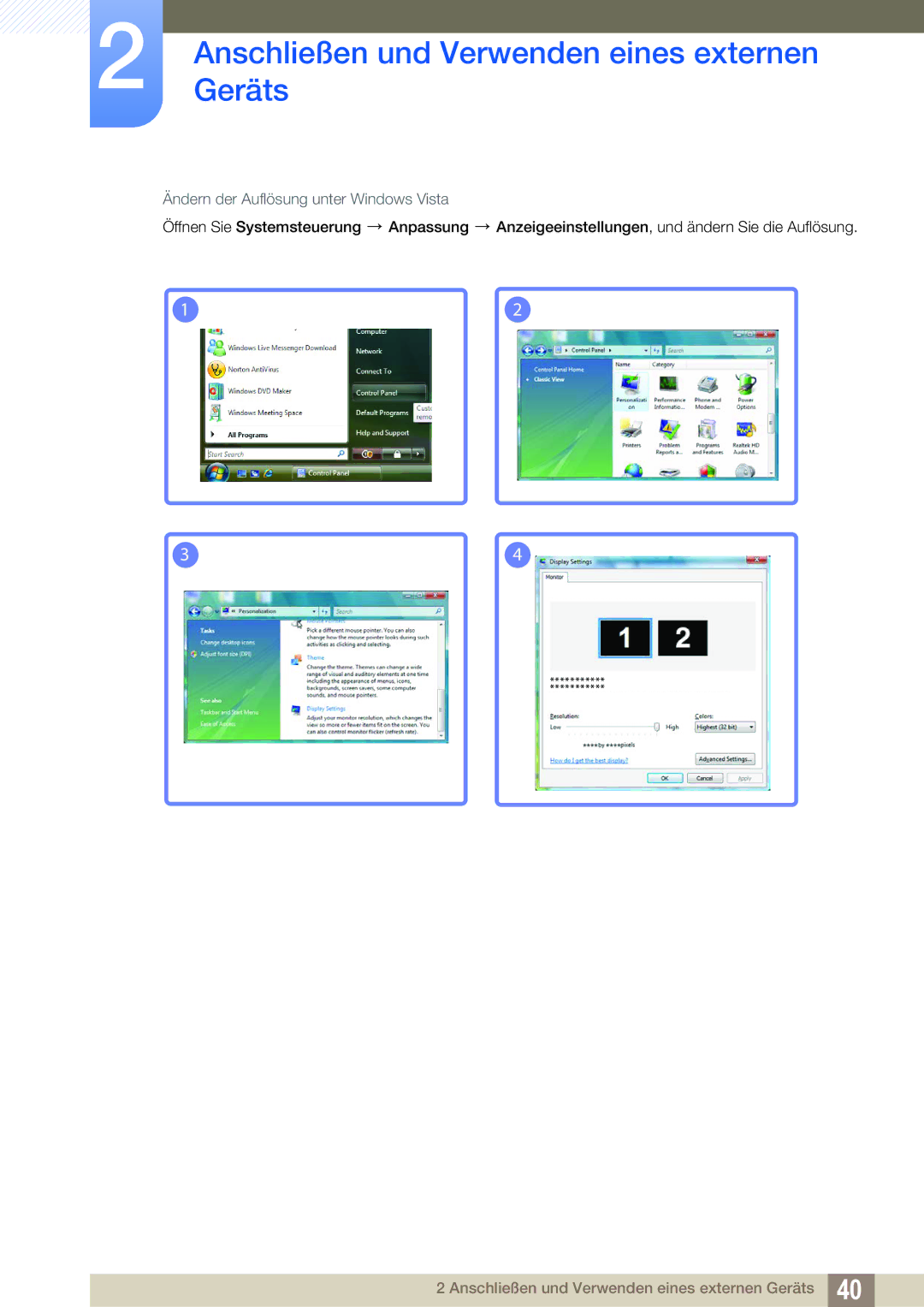 Samsung LS22C45UFS/EN, LS24C45UFS/EN manual Ändern der Auflösung unter Windows Vista 