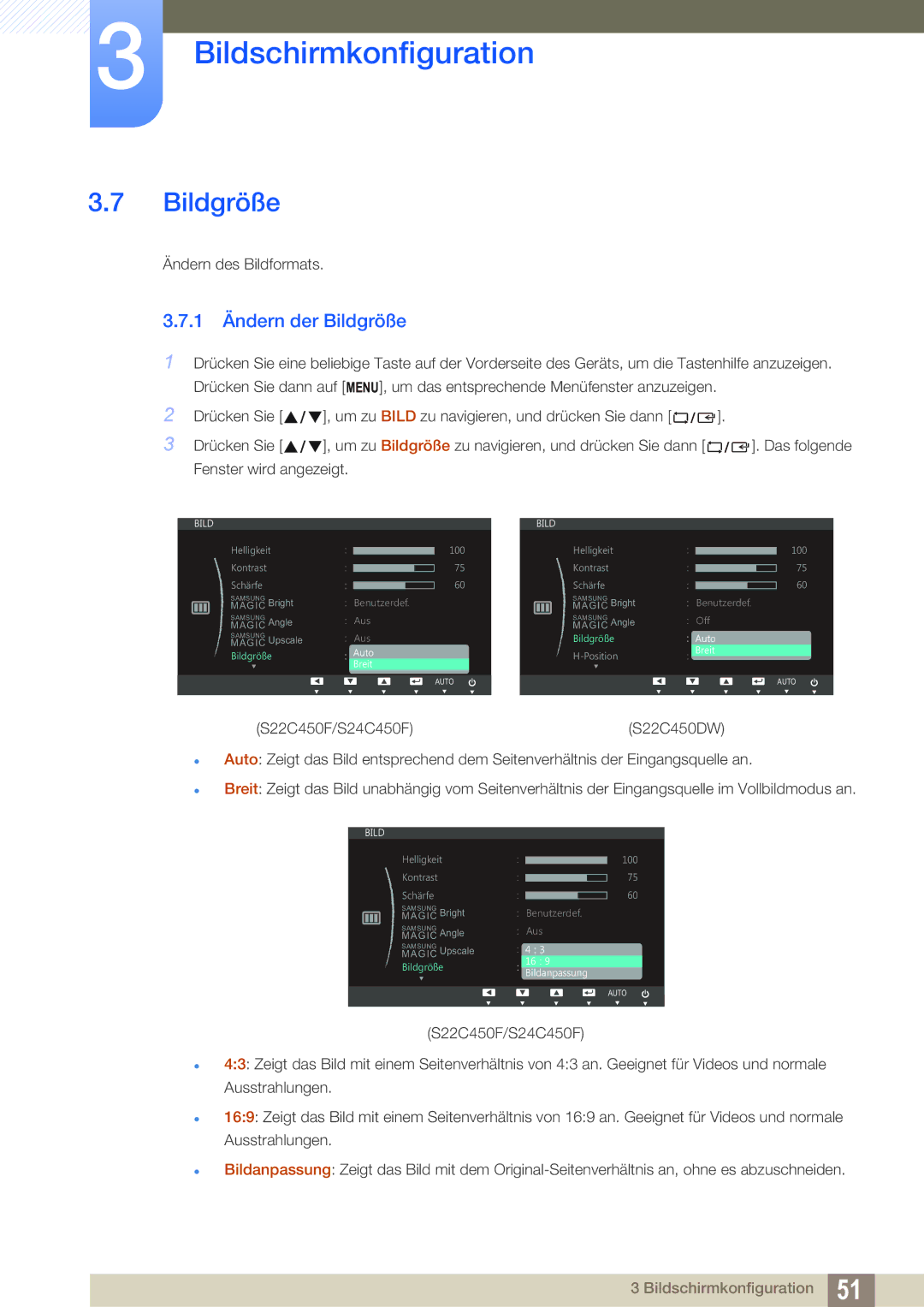 Samsung LS24C45UFS/EN, LS22C45UFS/EN manual 1 Ändern der Bildgröße 