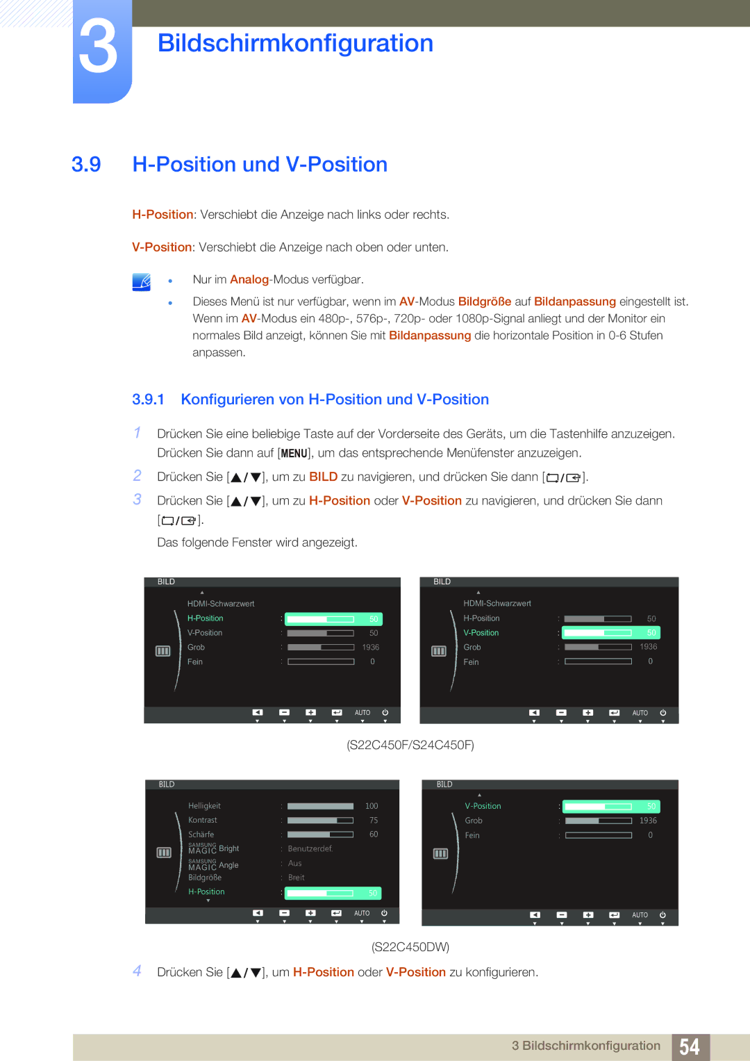 Samsung LS22C45UFS/EN, LS24C45UFS/EN manual Konfigurieren von H-Position und V-Position 
