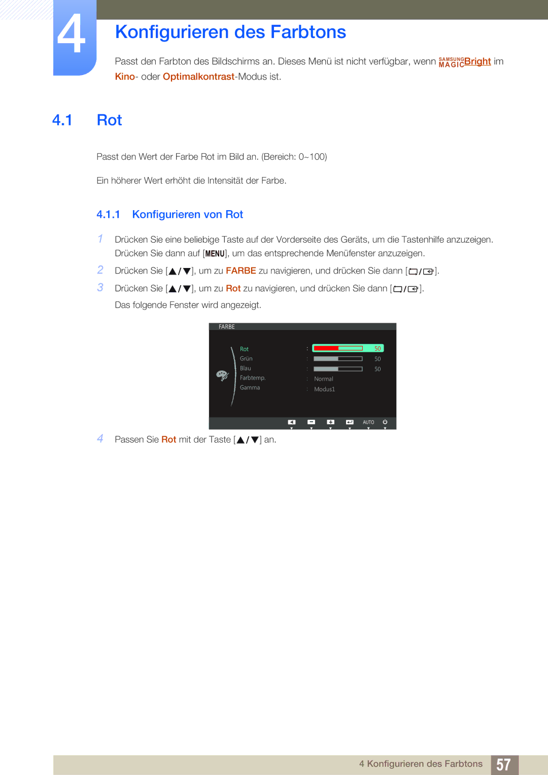 Samsung LS24C45UFS/EN, LS22C45UFS/EN manual Konfigurieren des Farbtons, Konfigurieren von Rot 