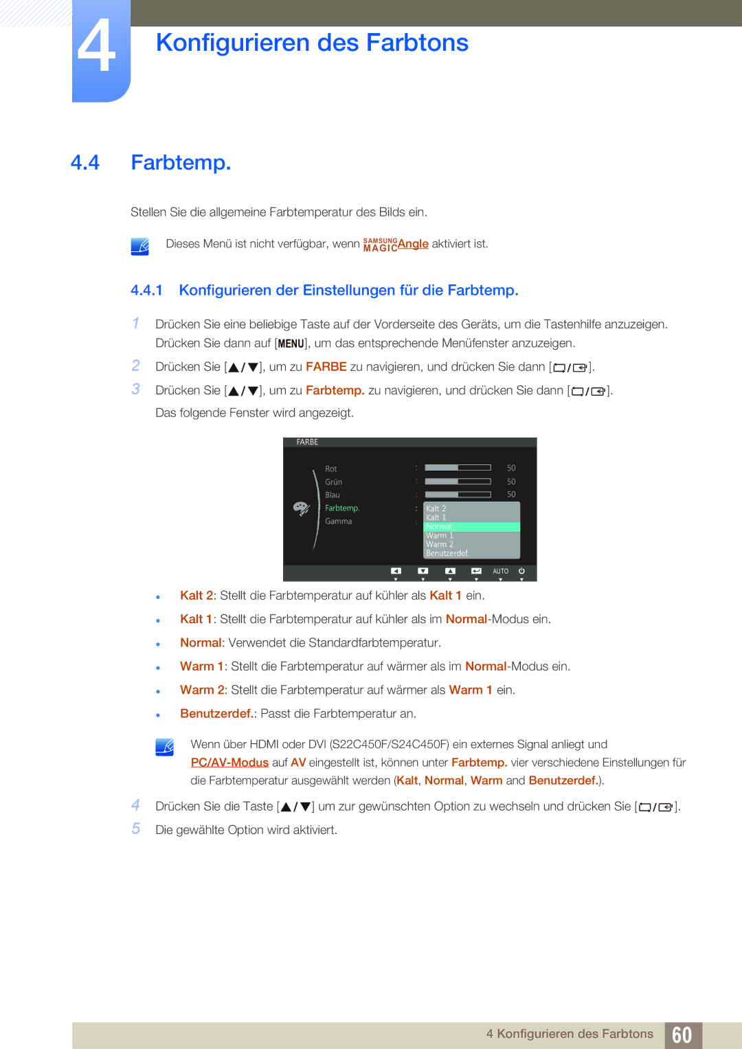 Samsung LS22C45UFS/EN, LS24C45UFS/EN manual Konfigurieren der Einstellungen für die Farbtemp 