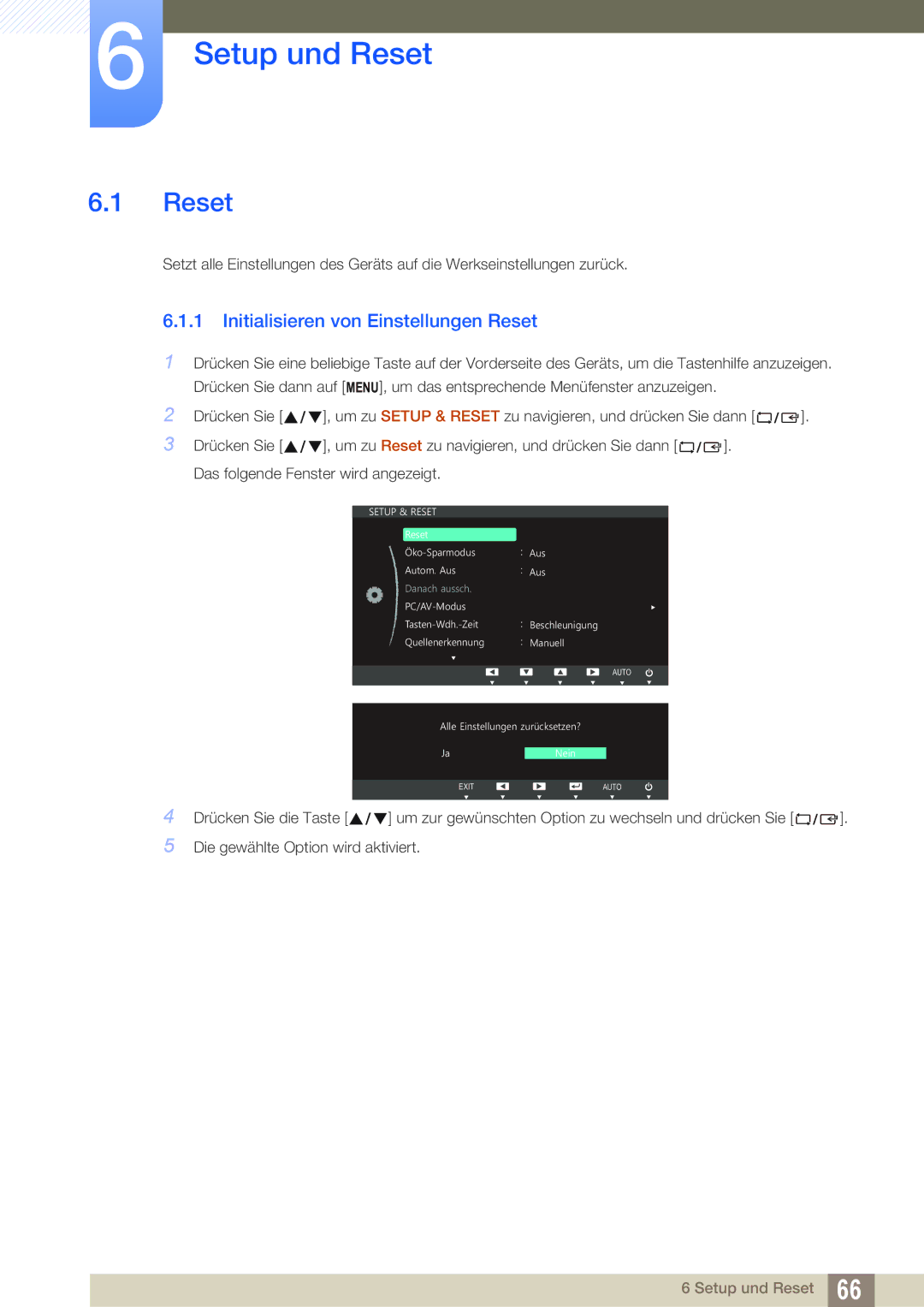 Samsung LS22C45UFS/EN, LS24C45UFS/EN manual Setup und Reset, Initialisieren von Einstellungen Reset 