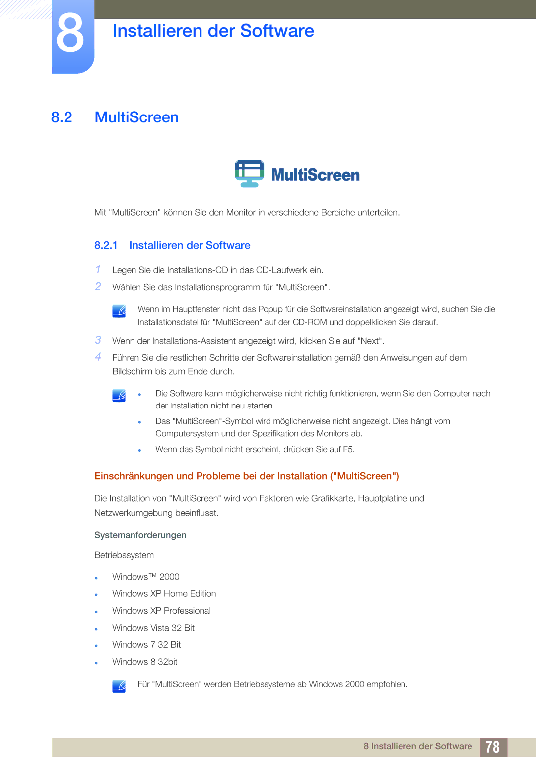 Samsung LS22C45UFS/EN, LS24C45UFS/EN manual MultiScreen, Systemanforderungen 