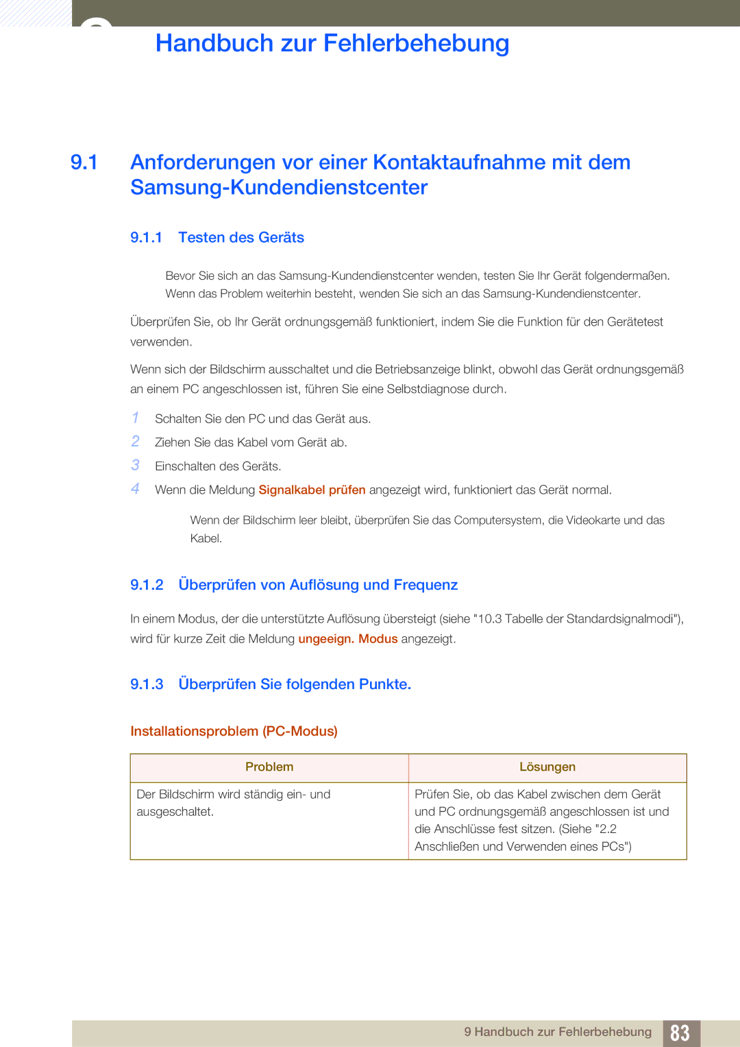 Samsung LS24C45UFS/EN manual Handbuch zur Fehlerbehebung, Testen des Geräts, 2 Überprüfen von Auflösung und Frequenz 