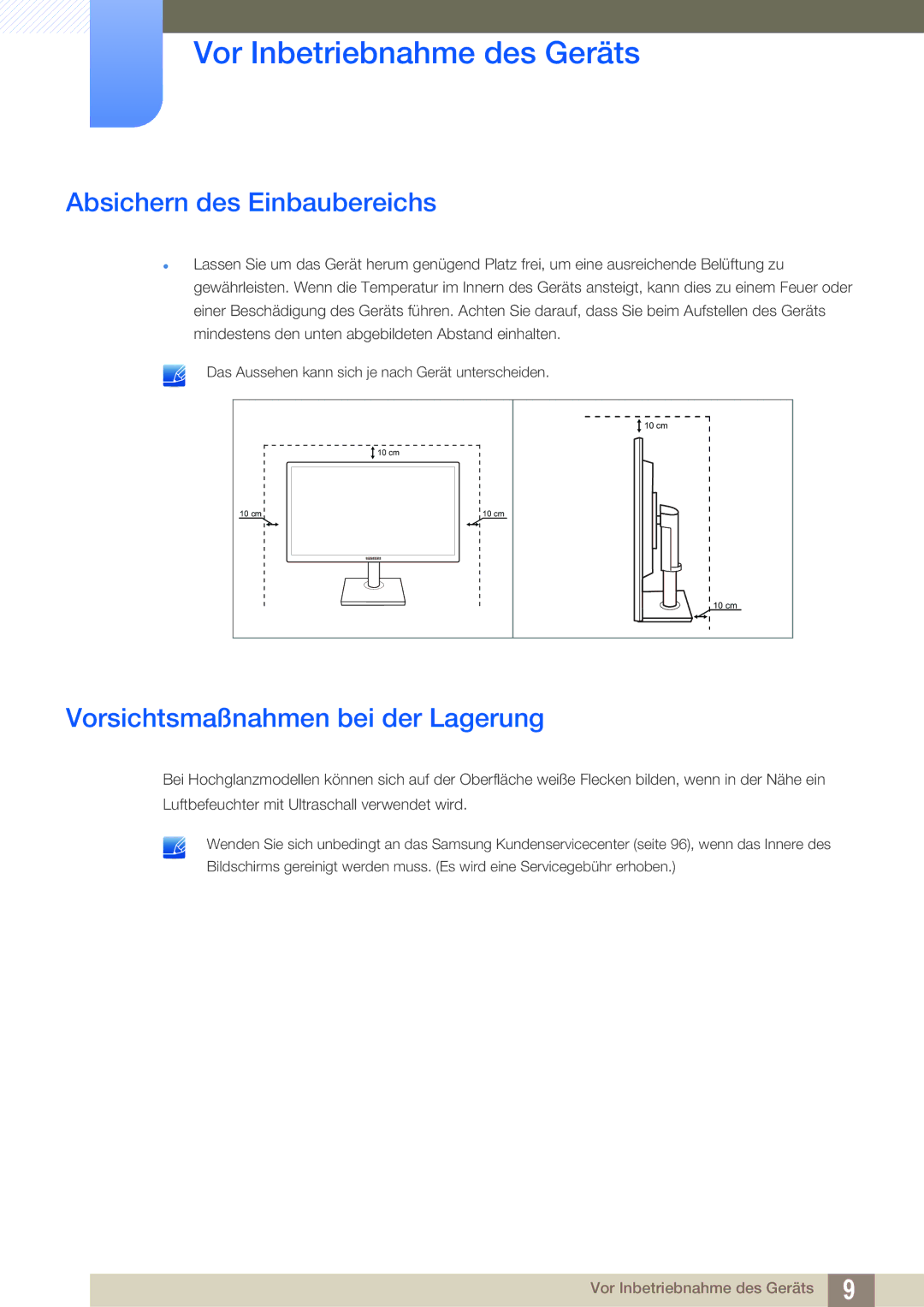 Samsung LS24C45UFS/EN, LS22C45UFS/EN manual Absichern des Einbaubereichs, Vorsichtsmaßnahmen bei der Lagerung 