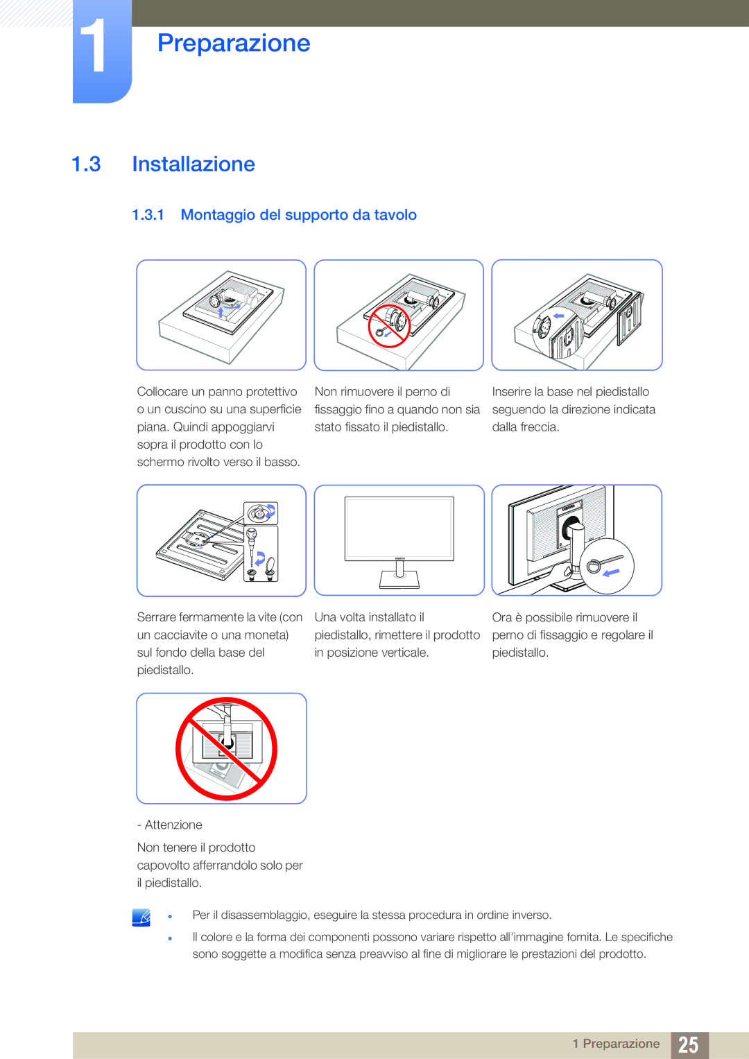 Samsung LS24C45UFS/EN, LS22C45UFS/EN manual Installazione, Montaggio del supporto da tavolo 