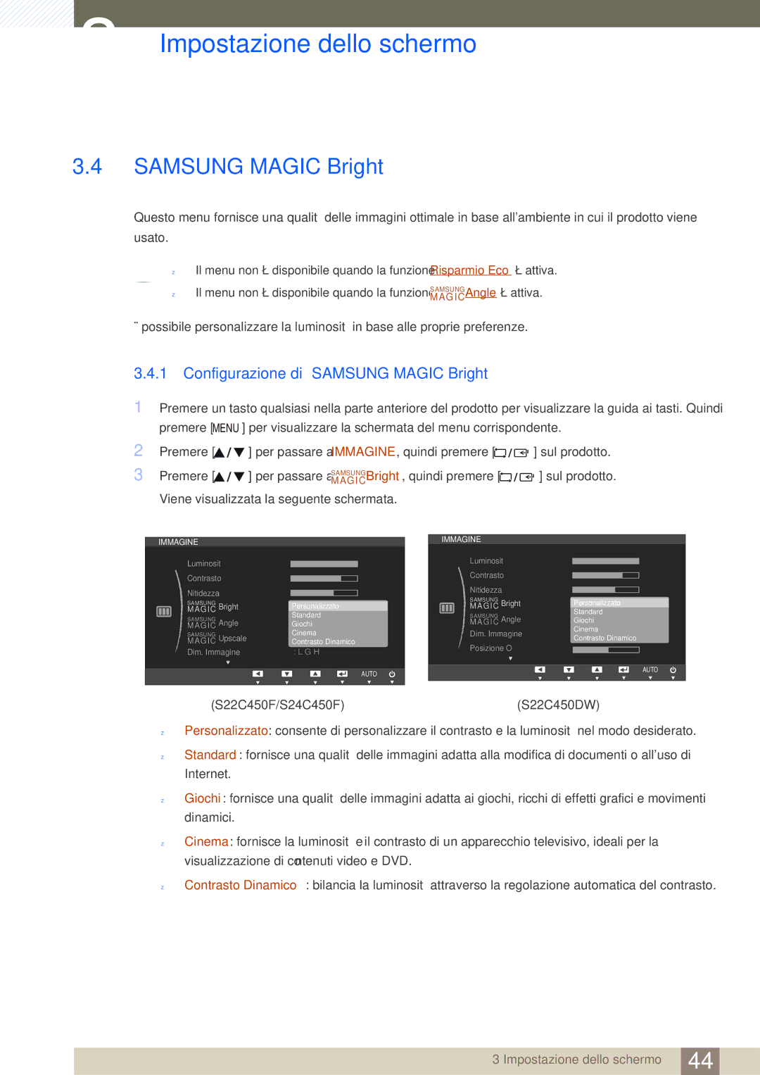 Samsung LS22C45UFS/EN, LS24C45UFS/EN manual Configurazione di Samsung Magic Bright 