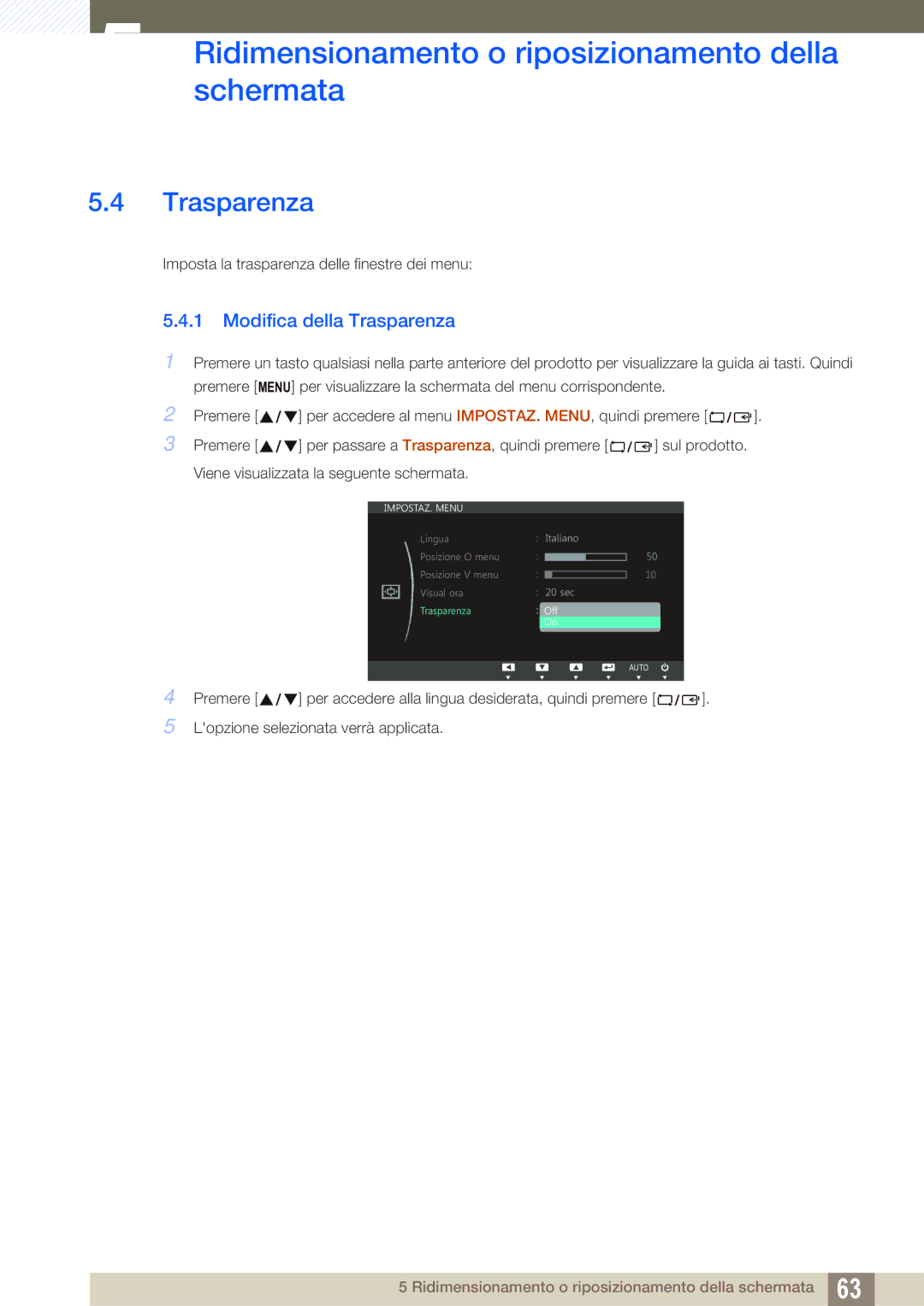 Samsung LS24C45UFS/EN, LS22C45UFS/EN manual Modifica della Trasparenza 