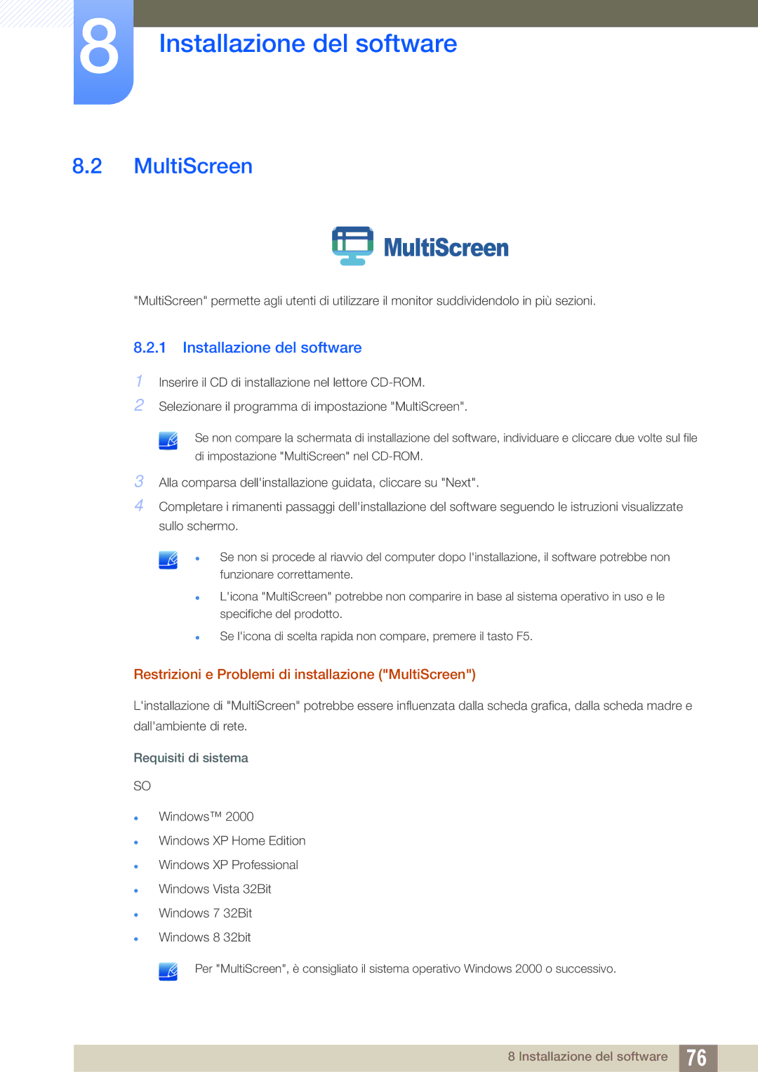 Samsung LS22C45UFS/EN, LS24C45UFS/EN manual Restrizioni e Problemi di installazione MultiScreen 