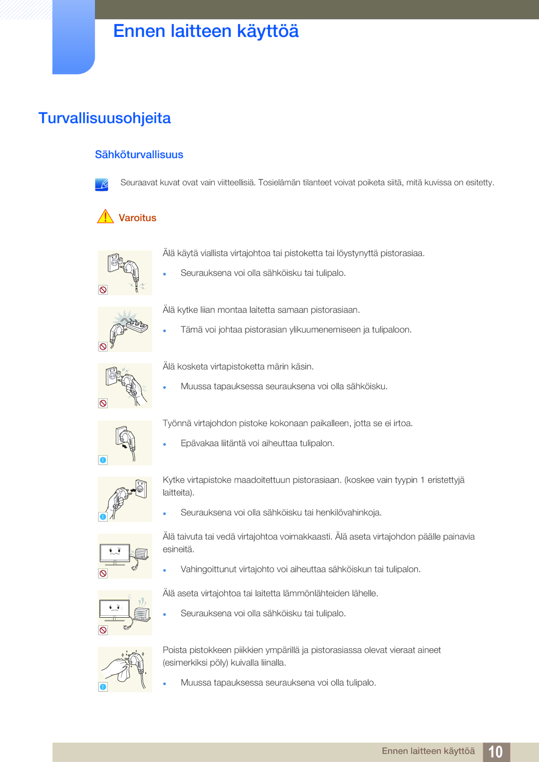 Samsung LS24C45KBWV/EN, LS22C45XMWV/EN, LS23C45KMS/EN, LS22C45KMWV/EN, LS19C45KMR/EN Turvallisuusohjeita, Sähköturvallisuus 
