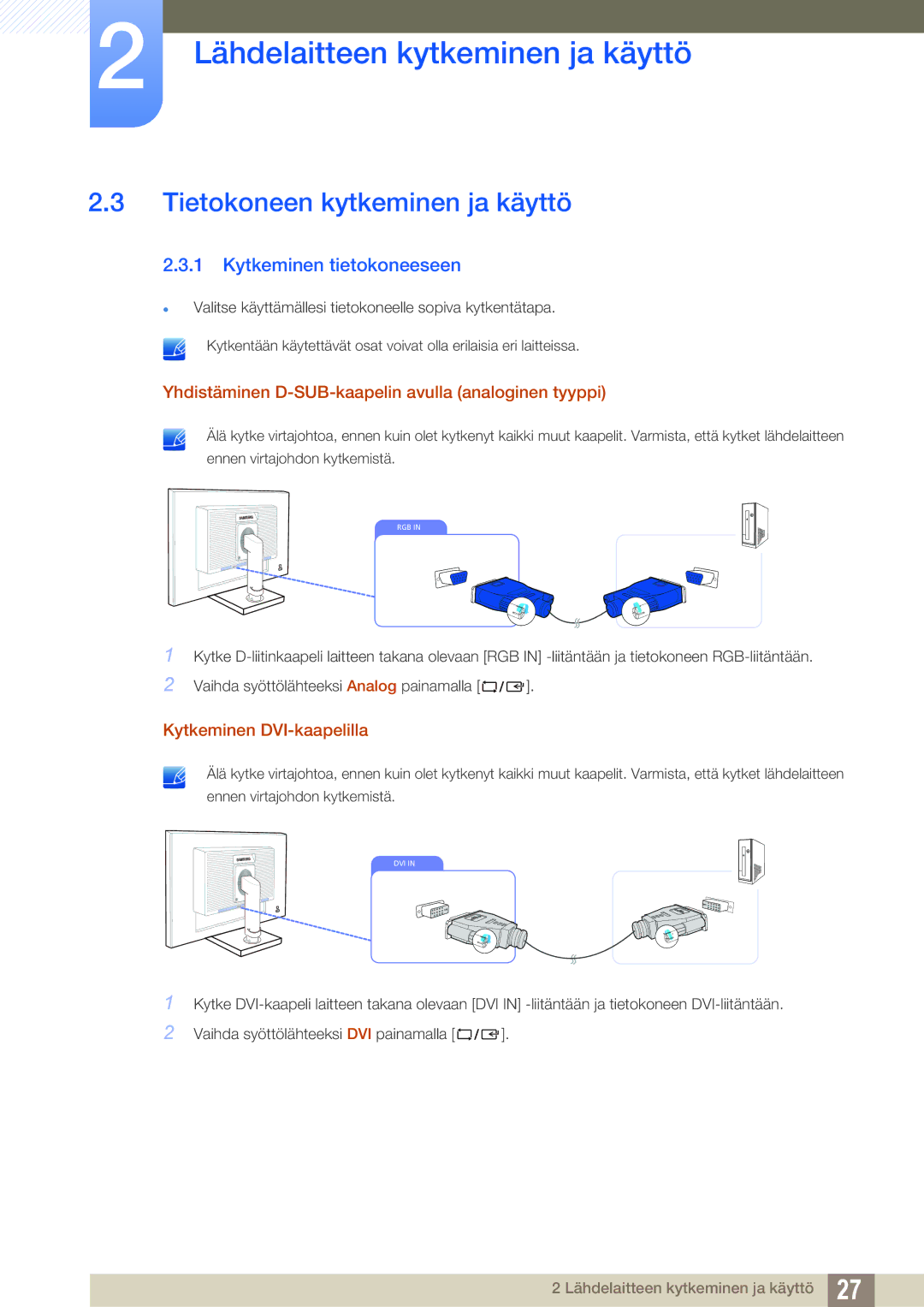 Samsung LS23C45KBS/EN, LS22C45XMWV/EN, LS23C45KMS/EN manual Tietokoneen kytkeminen ja käyttö, Kytkeminen tietokoneeseen 