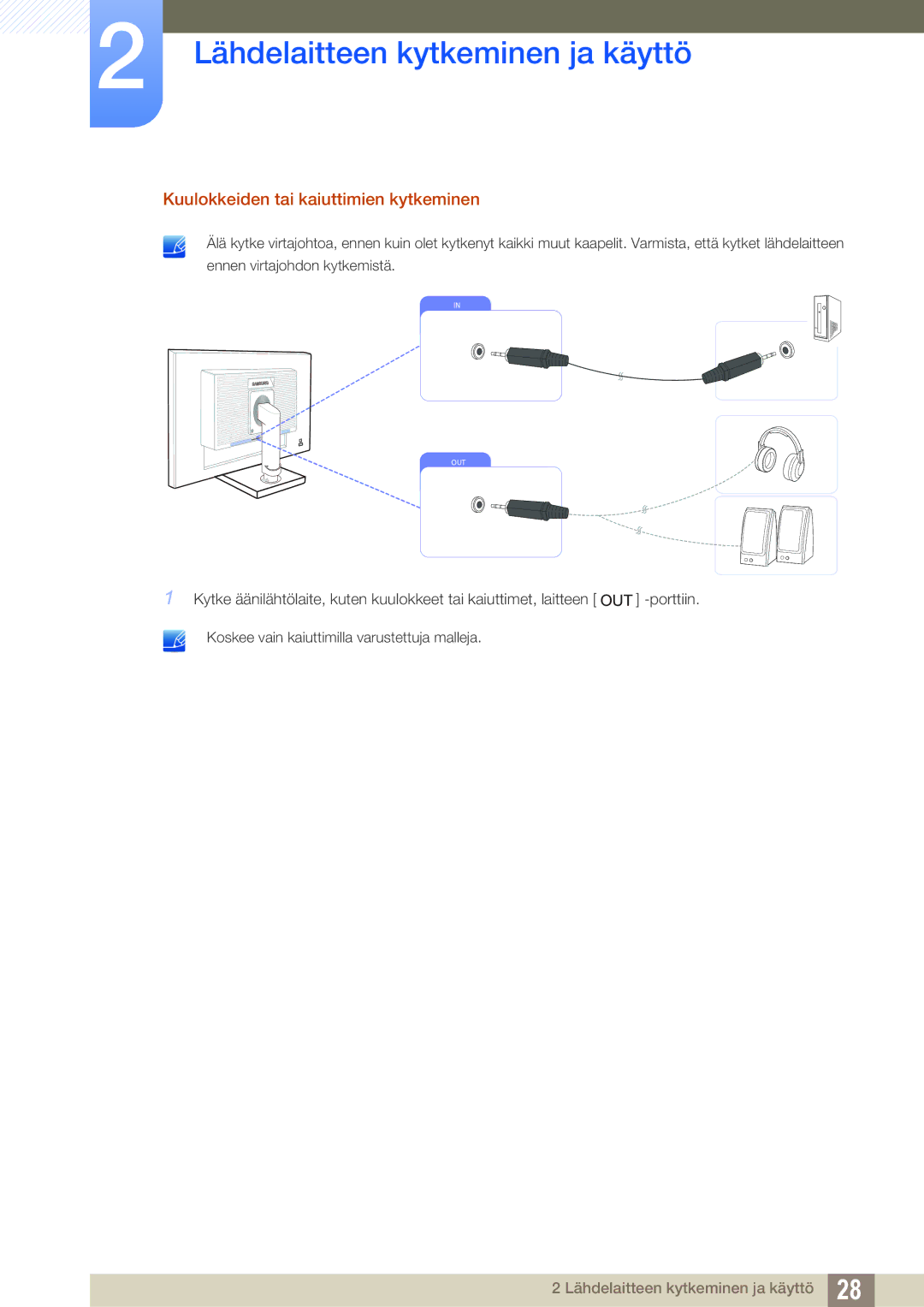 Samsung LS22C45XMWV/EN, LS23C45KMS/EN, LS22C45KMWV/EN, LS19C45KMR/EN, LS19C45KBR/EN Kuulokkeiden tai kaiuttimien kytkeminen 