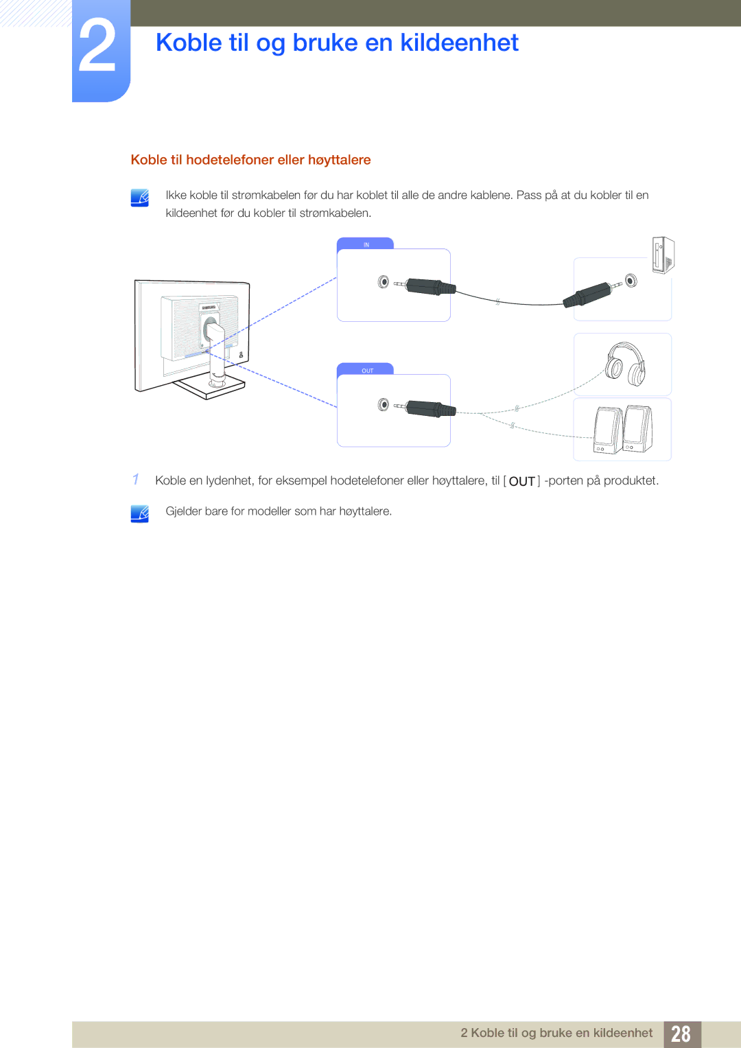 Samsung LS22C45XMWV/EN, LS23C45KMS/EN, LS22C45KMWV/EN, LS19C45KMR/EN, LS19C45KBR/EN Koble til hodetelefoner eller høyttalere 