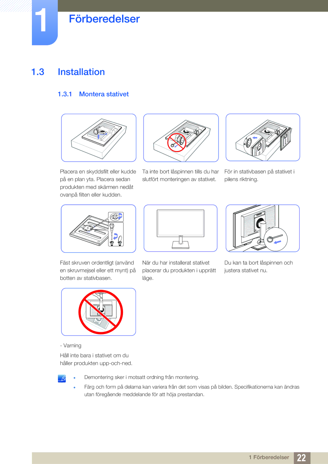 Samsung LS24C45KBSV/EN, LS22C45XMWV/EN, LS23C45KMS/EN, LS22C45KMWV/EN, LS19C45KMR/EN manual Installation, Montera stativet 