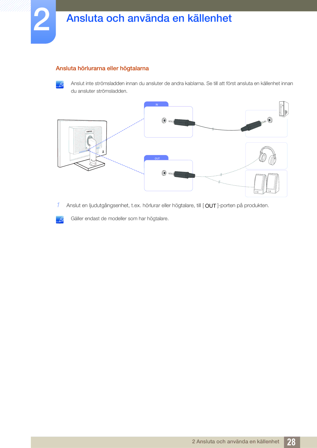 Samsung LS22C45XMWV/EN, LS23C45KMS/EN, LS22C45KMWV/EN, LS19C45KMR/EN, LS19C45KBR/EN manual Ansluta hörlurarna eller högtalarna 