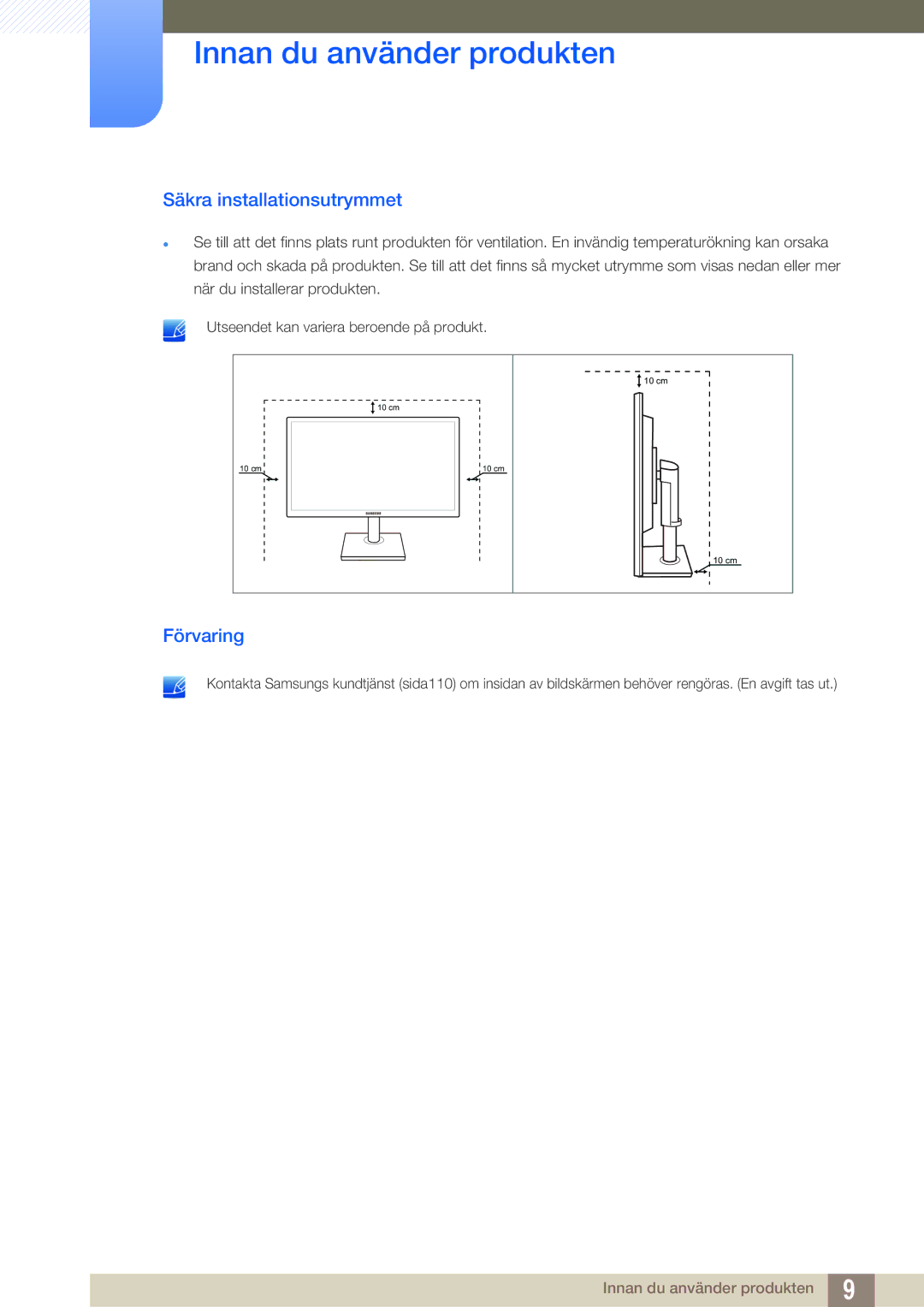 Samsung LS24C45KBL/EN, LS22C45XMWV/EN, LS23C45KMS/EN, LS22C45KMWV/EN, LS19C45KMR/EN Säkra installationsutrymmet, Förvaring 