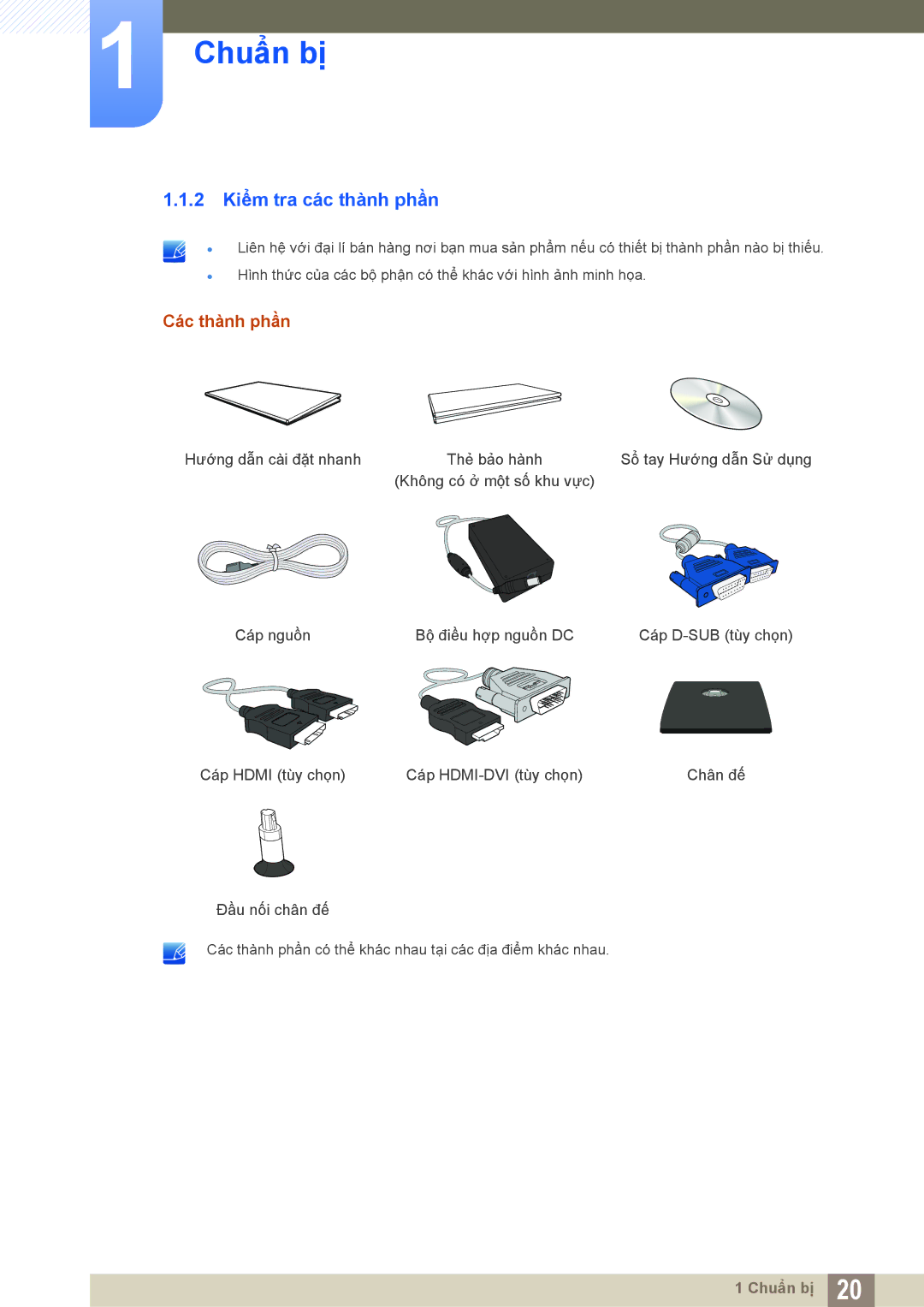 Samsung LS22C550HSMXV manual 2 Kiểm tra các thành phần, Các thành phần 