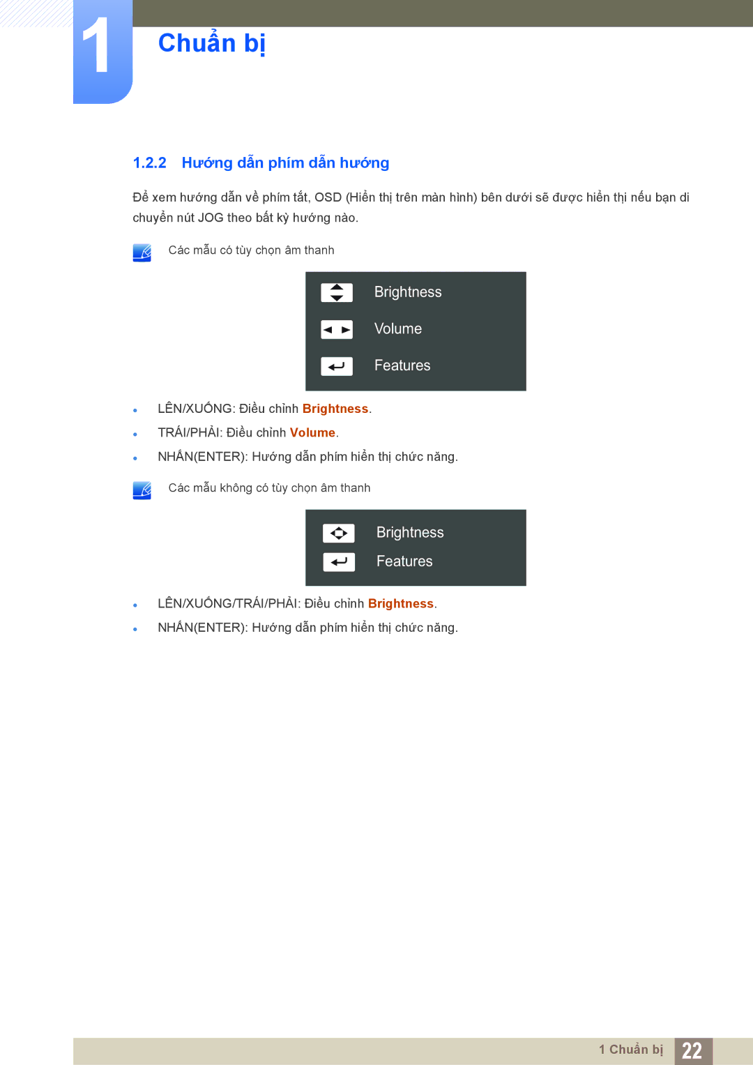 Samsung LS22C550HSMXV manual 2 Hướng dẫn phím dẫn hướng, Brightness Volume Features 