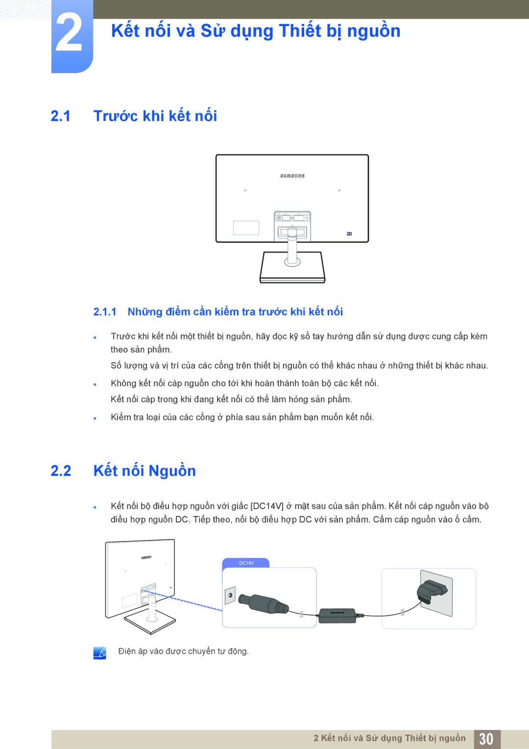 Samsung LS22C550HSMXV manual Kết nối và Sử dụng Thiết bị nguồn, Trước khi kết nối, Kết nối Nguồn 