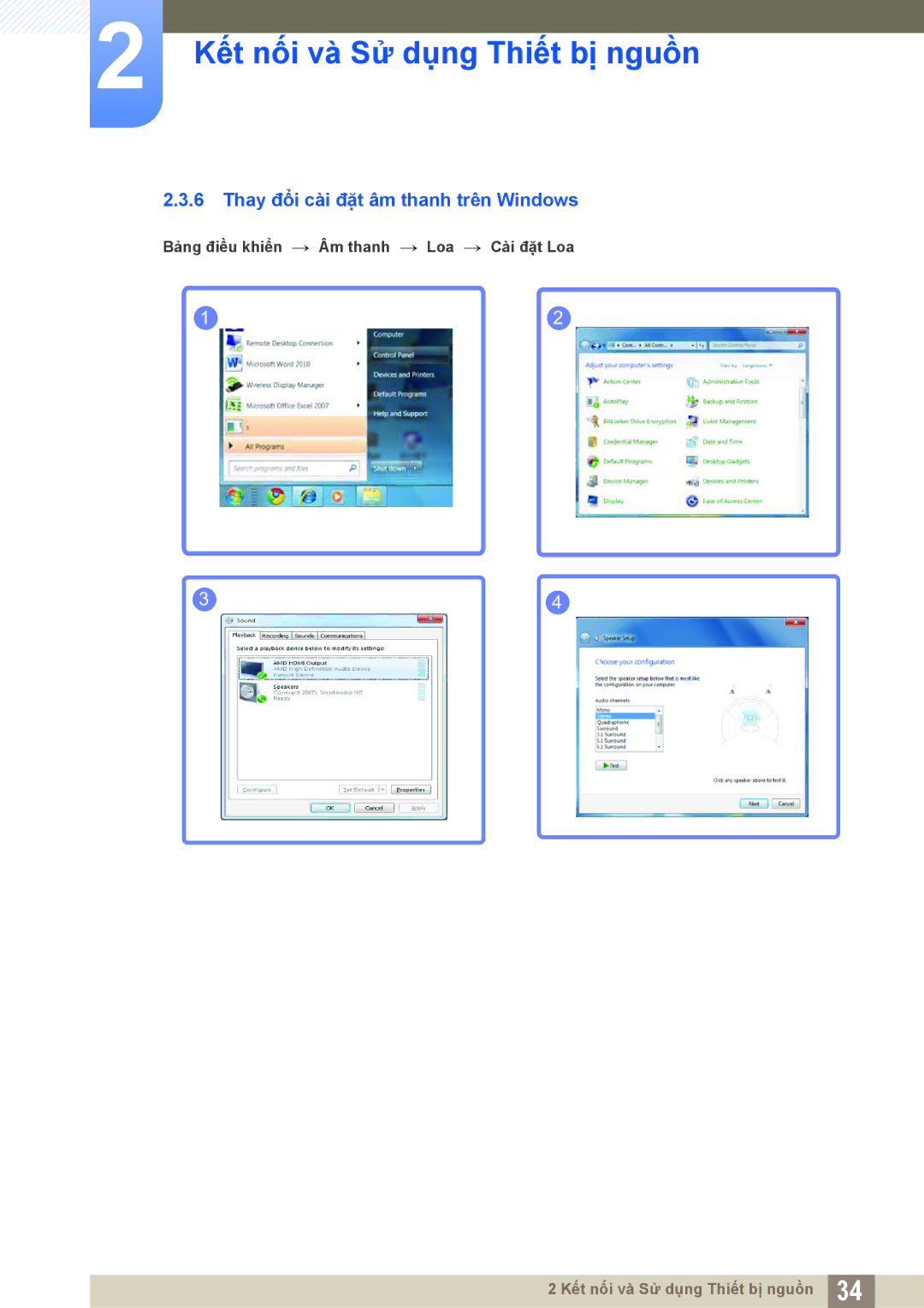 Samsung LS22C550HSMXV manual Thay đổi cài đặt âm thanh trên Windows 