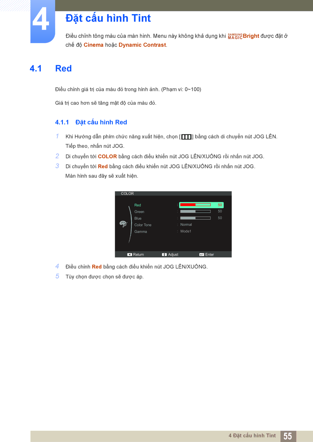 Samsung LS22C550HSMXV manual Đặt cấu hình Tint, 1 Đặt cấu hình Red 