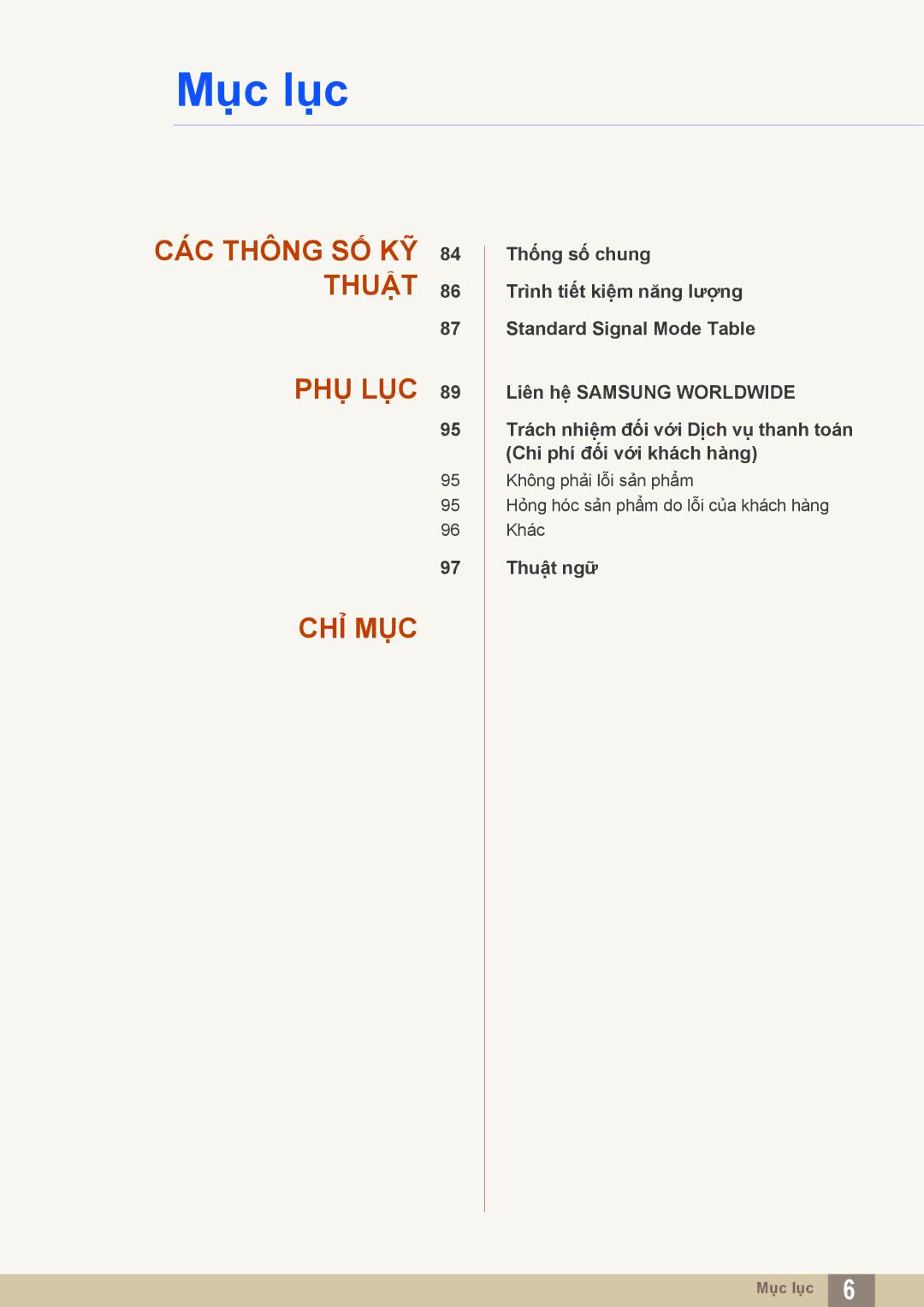 Samsung LS22C550HSMXV manual CÁC Thông SỐ KỸ 84 Thuật PHỤ LỤC CHỈ MỤC 