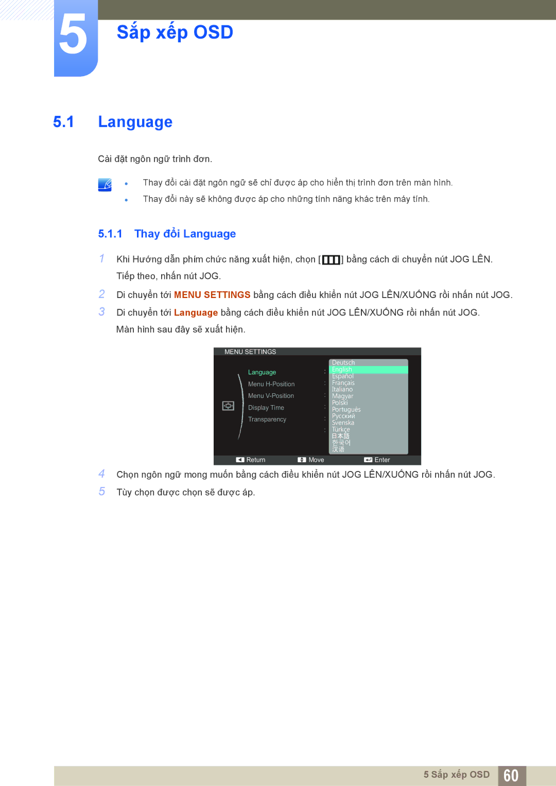 Samsung LS22C550HSMXV manual Sắp xếp OSD, Thay đổi Language 