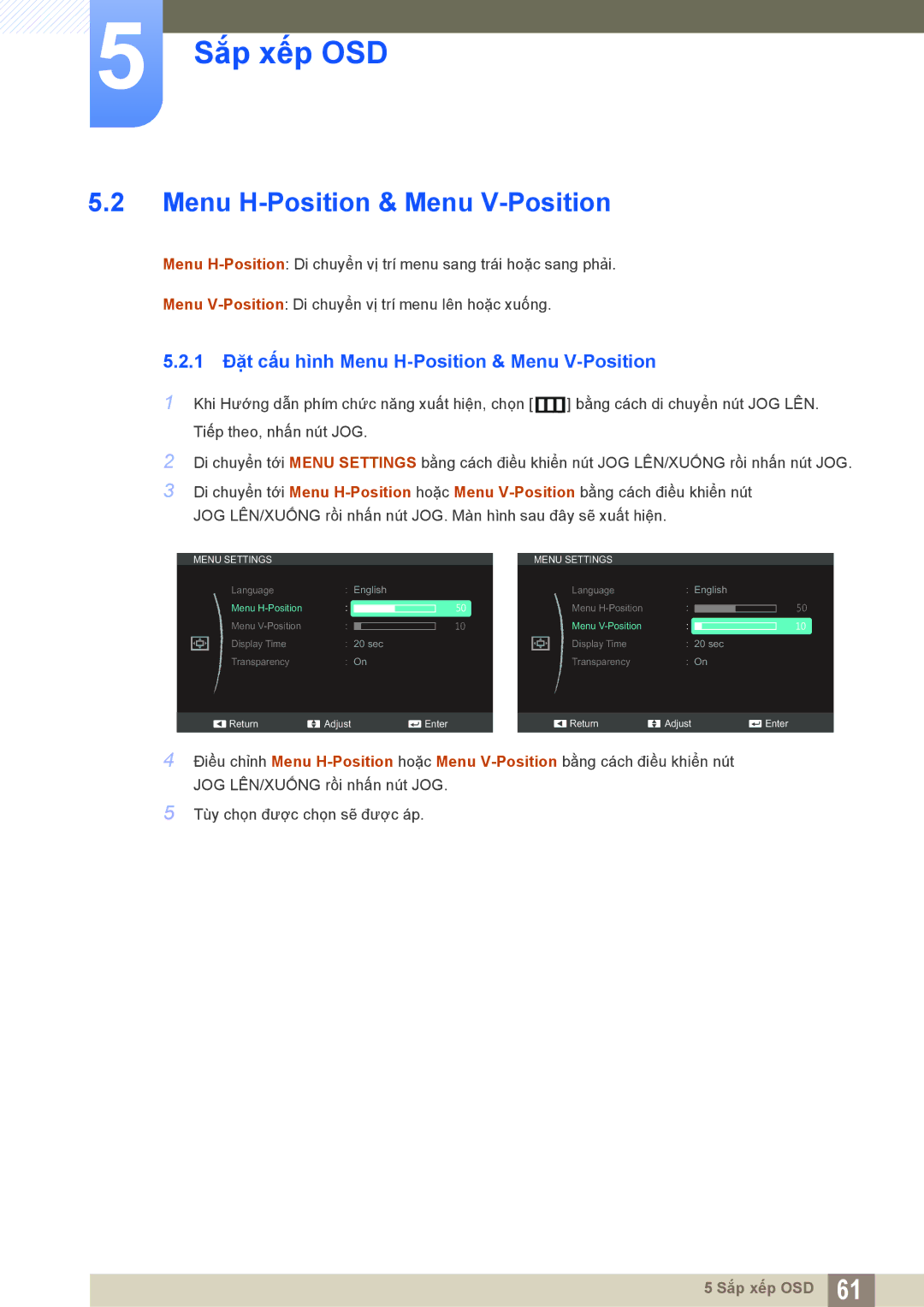 Samsung LS22C550HSMXV manual 1 Đặt cấu hình Menu H-Position & Menu V-Position 