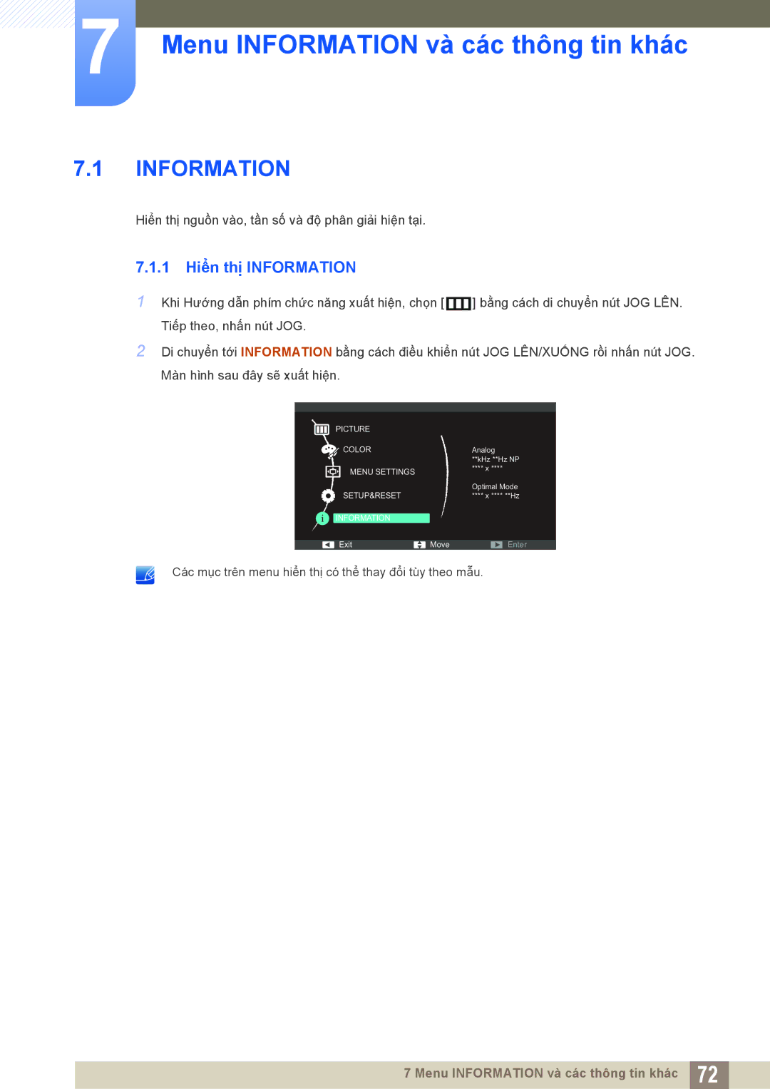 Samsung LS22C550HSMXV manual Menu Information và các thông tin khác, 1 Hiển thị Information 