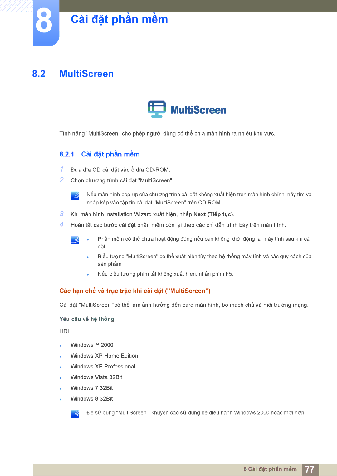 Samsung LS22C550HSMXV manual MultiScreen, 1 Cài đặt phần mềm 