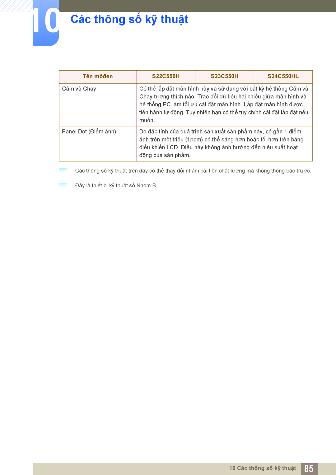 Samsung LS22C550HSMXV manual 10 Các thông số kỹ thuật 