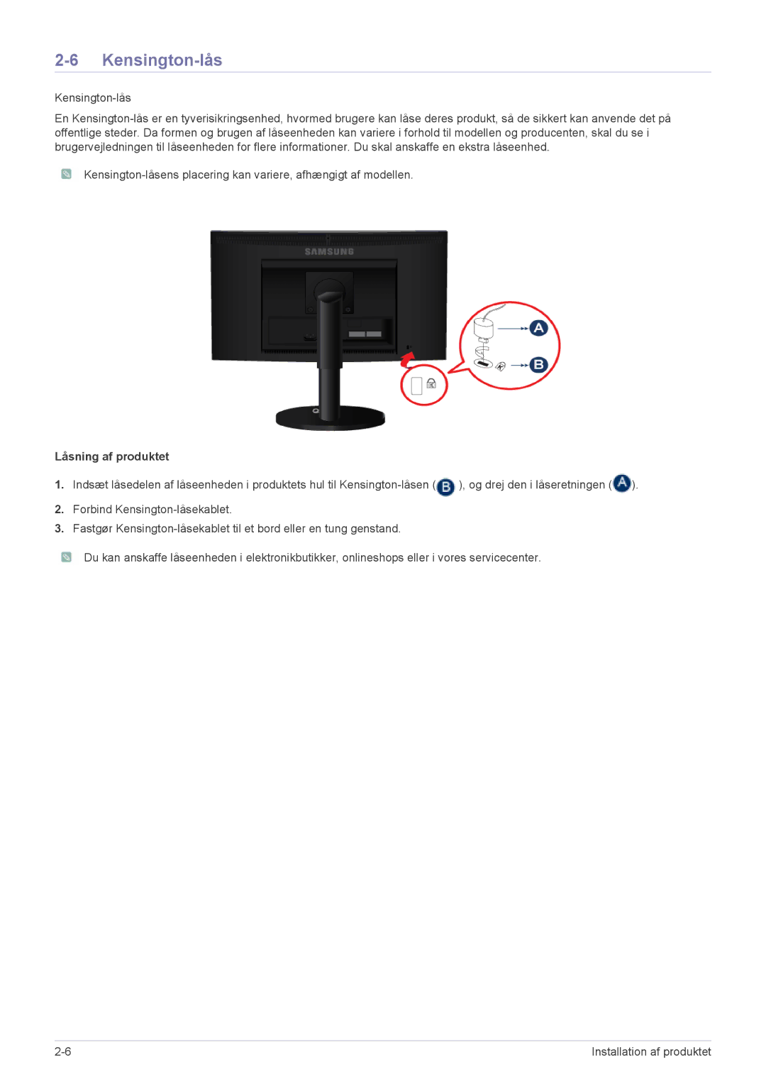 Samsung LS19CLASSUEN, LS22CBDMSV/EN, LS22CBUMBV/EN, LS19CLNSB/EN, LS22CBUMBE/EN manual Kensington-lås, Låsning af produktet 