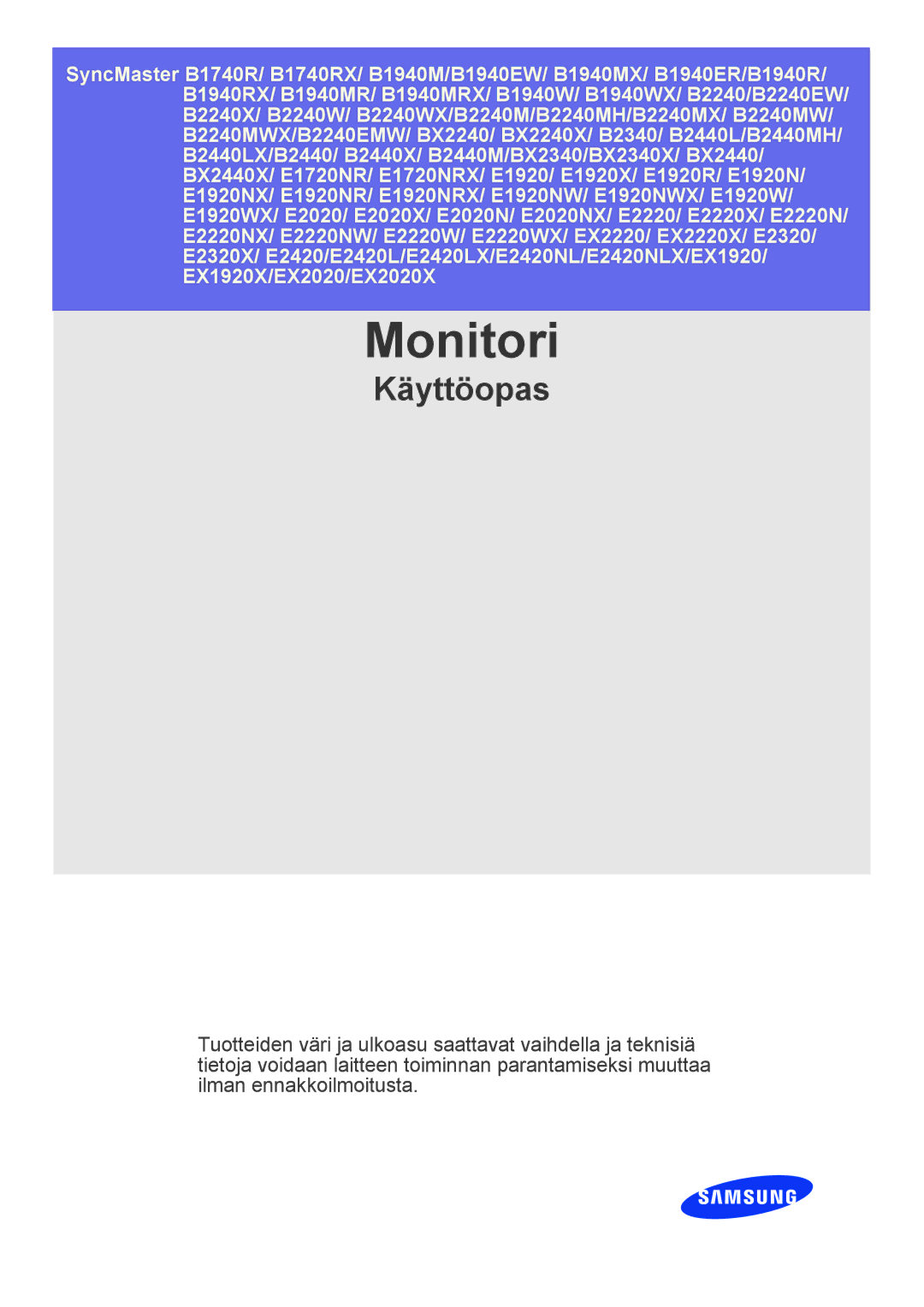 Samsung LS19CLASSUEN, LS22CBDMSV/EN, LS22CBUMBV/EN, LS19CLNSB/EN, LS22CBUMBE/EN, LS19CLASBUEN, LS23CBUMBV/EN manual Monitori 