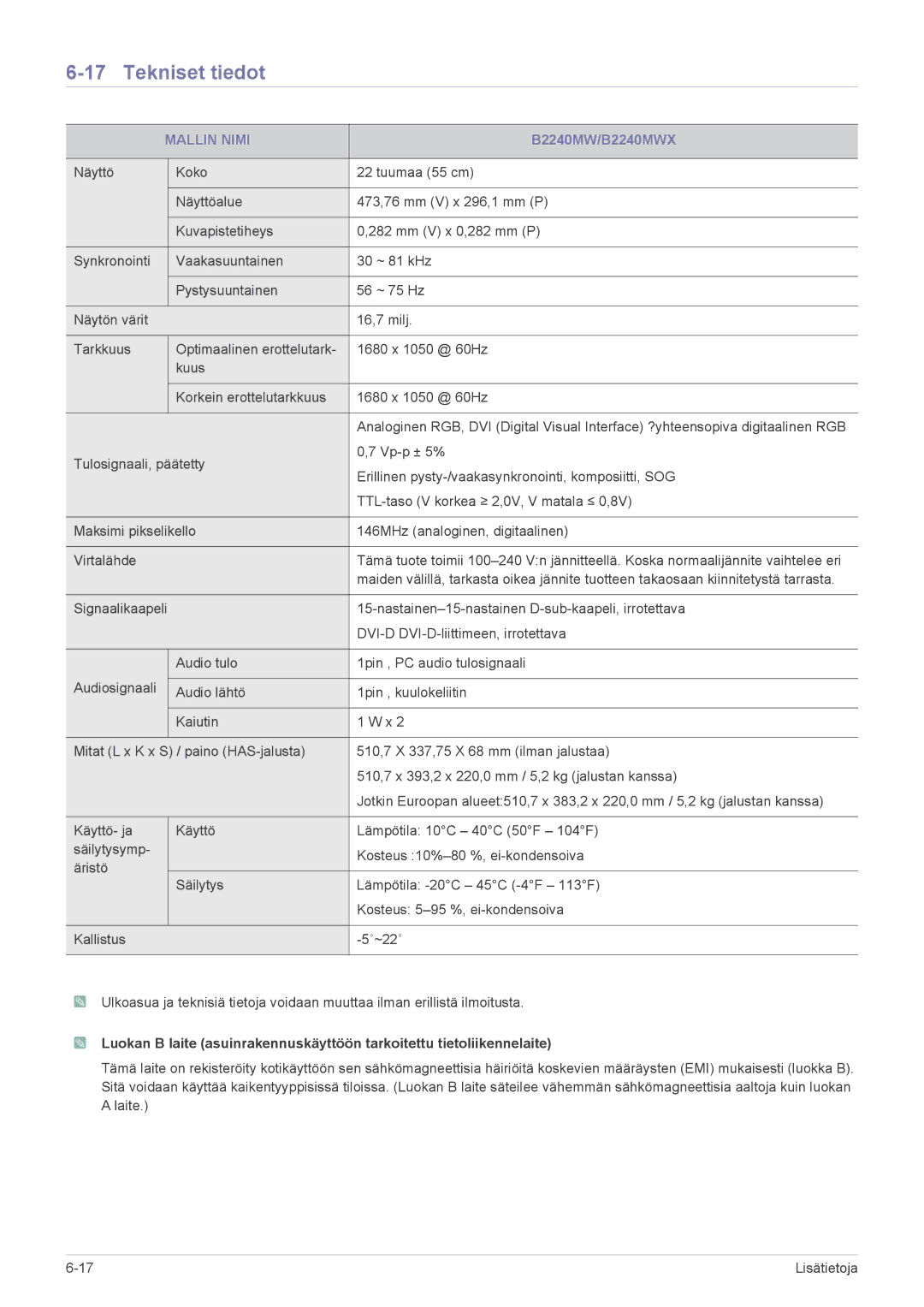 Samsung LS19CLNSB/EN, LS22CBDMSV/EN, LS19CLASSUEN, LS22CBUMBV/EN, LS22CBUMBE/EN, LS19CLASBUEN, LS23CBUMBV/EN B2240MW/B2240MWX 