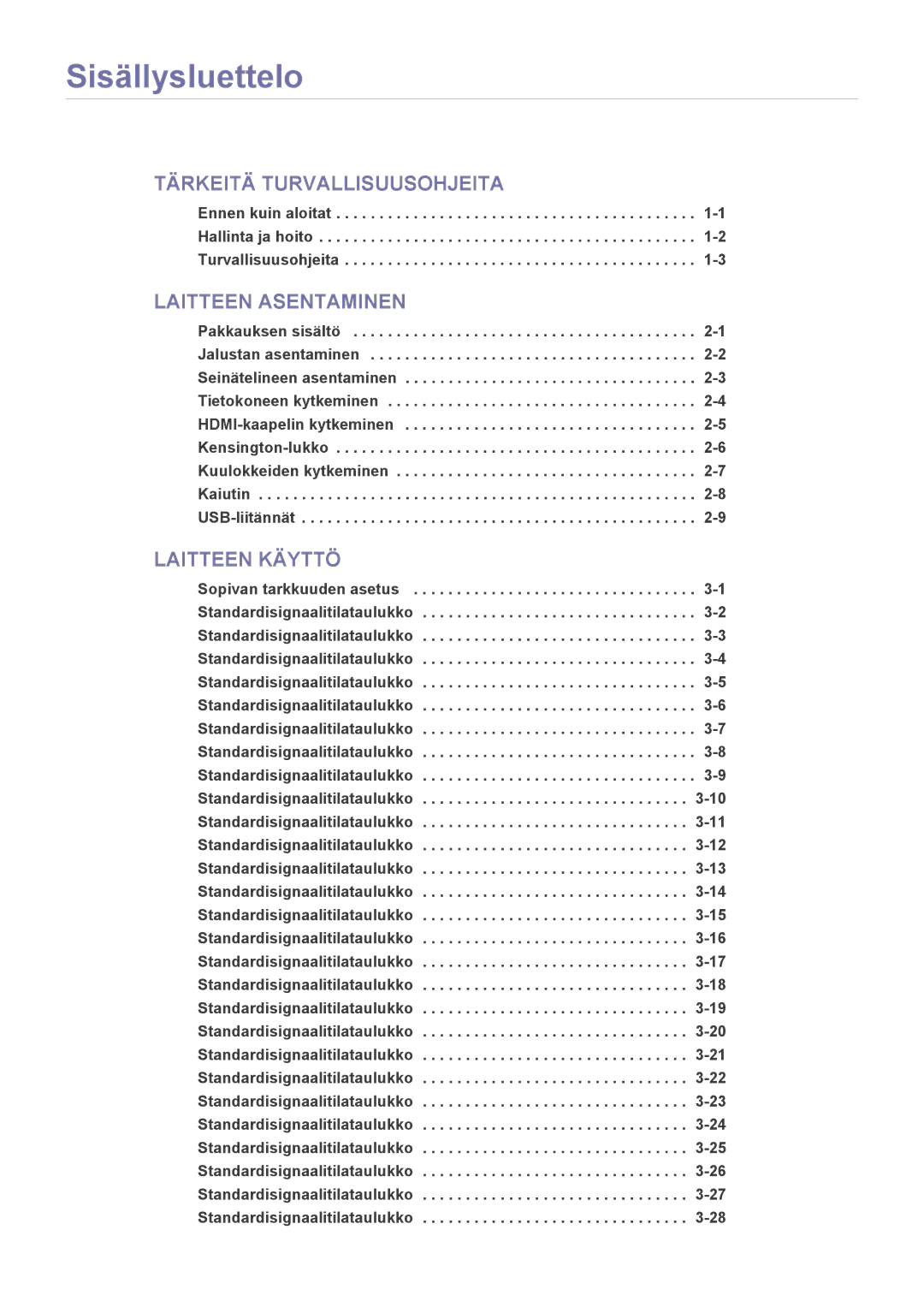 Samsung LS22CBUMBV/EN, LS22CBDMSV/EN manual Sisällysluettelo, Sopivan tarkkuuden asetus Standardisignaalitilataulukko 