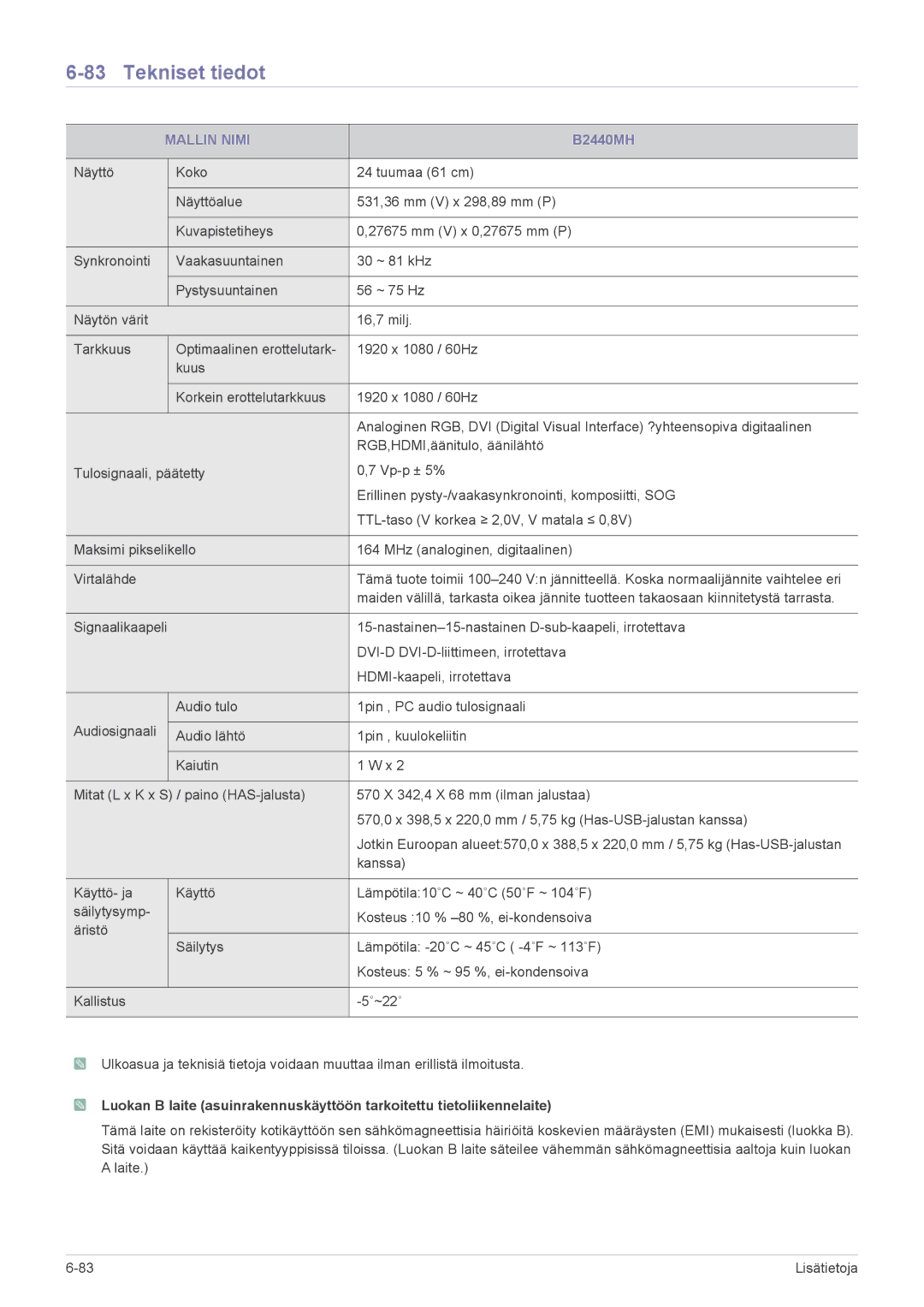 Samsung LS23X3HKFN/EN, LS22CBDMSV/EN, LS19CLASSUEN, LS22CBUMBV/EN, LS19CLNSB/EN, LS22CBUMBE/EN, LS19CLASBUEN manual B2440MH 