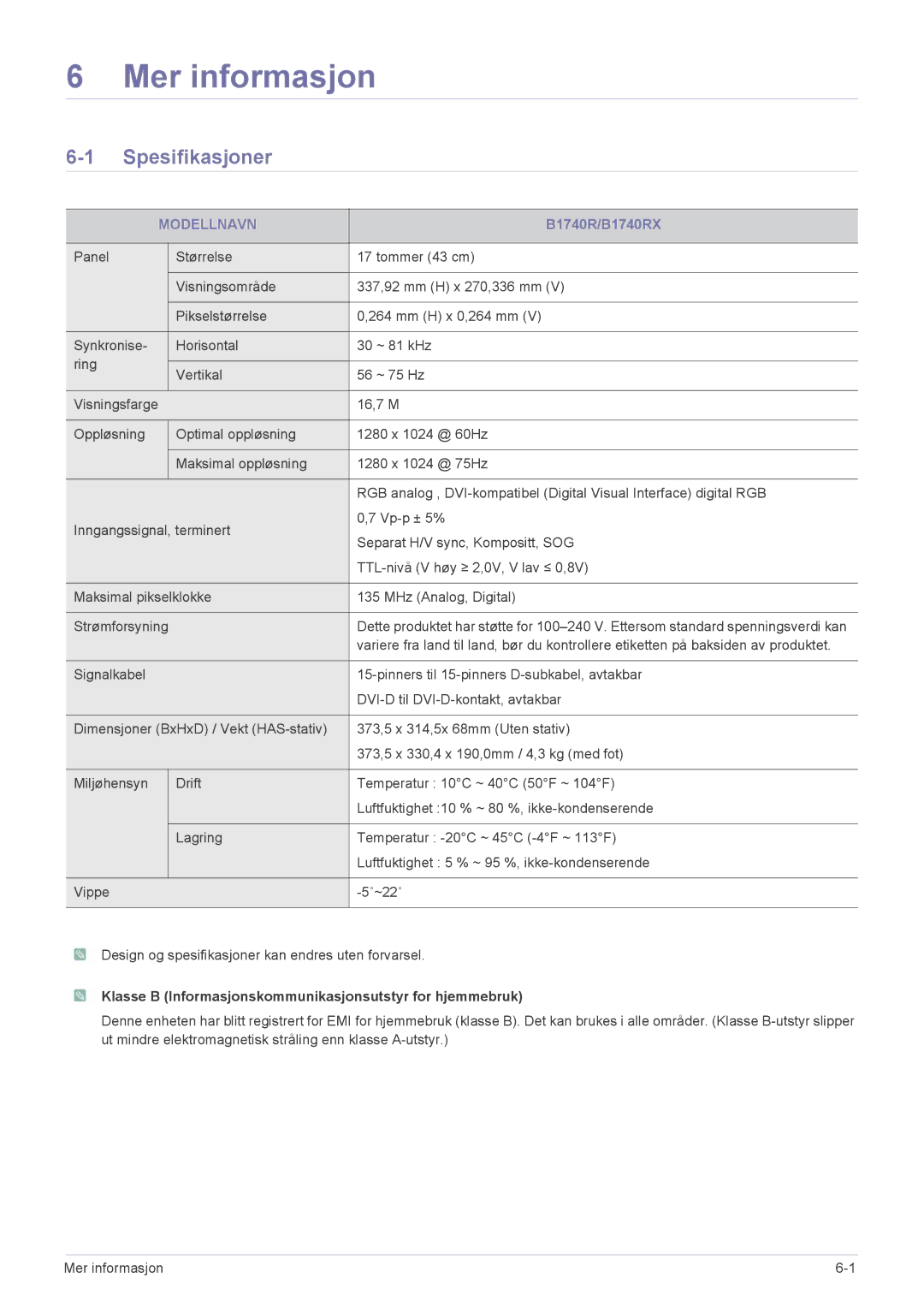 Samsung LS22CBDMSV/EN manual Spesifikasjoner, B1740R/B1740RX, Klasse B Informasjonskommunikasjonsutstyr for hjemmebruk 