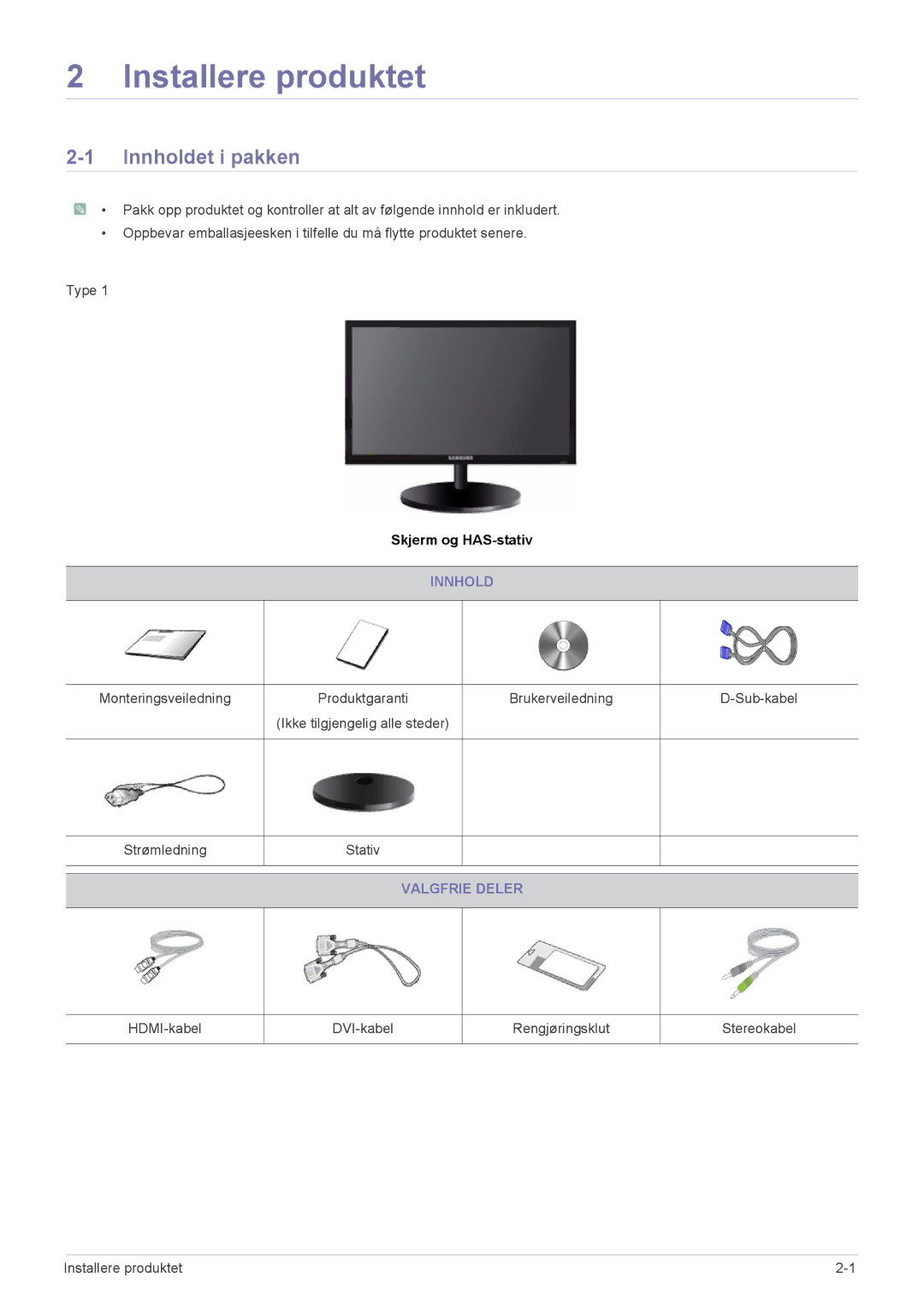 Samsung LS22CBUMBV/EN, LS22CBDMSV/EN, LS19CLASSUEN, LS19CLNSB/EN, LS22CBUMBE/EN manual Installere produktet, Innholdet i pakken 