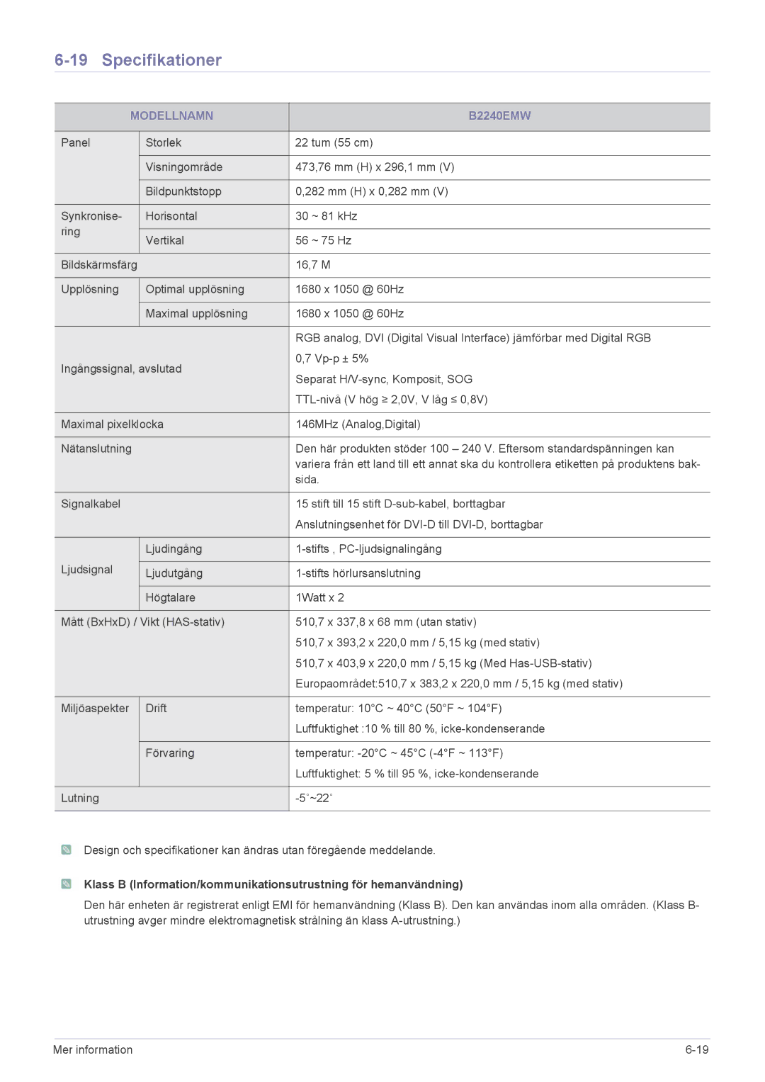 Samsung LS23CBUMBV/EN, LS22CBDMSV/EN, LS19CLASSUEN, LS22CBUMBV/EN, LS19CLNSB/EN, LS22CBUMBE/EN, LS19CLASBUEN manual B2240EMW 