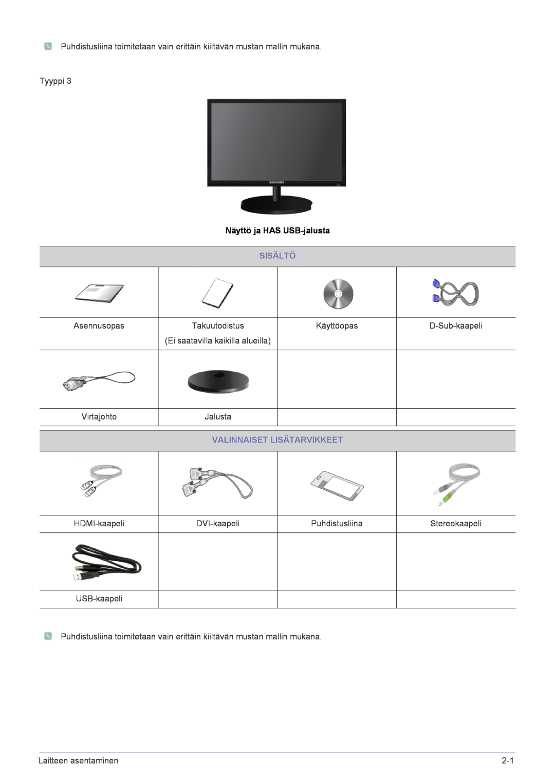 Samsung LS22CBUMBE/EN, LS22CBDMSV/EN, LS19CLASSUEN manual Näyttö ja HAS USB-jalusta, Sisältö, Valinnaiset Lisätarvikkeet 