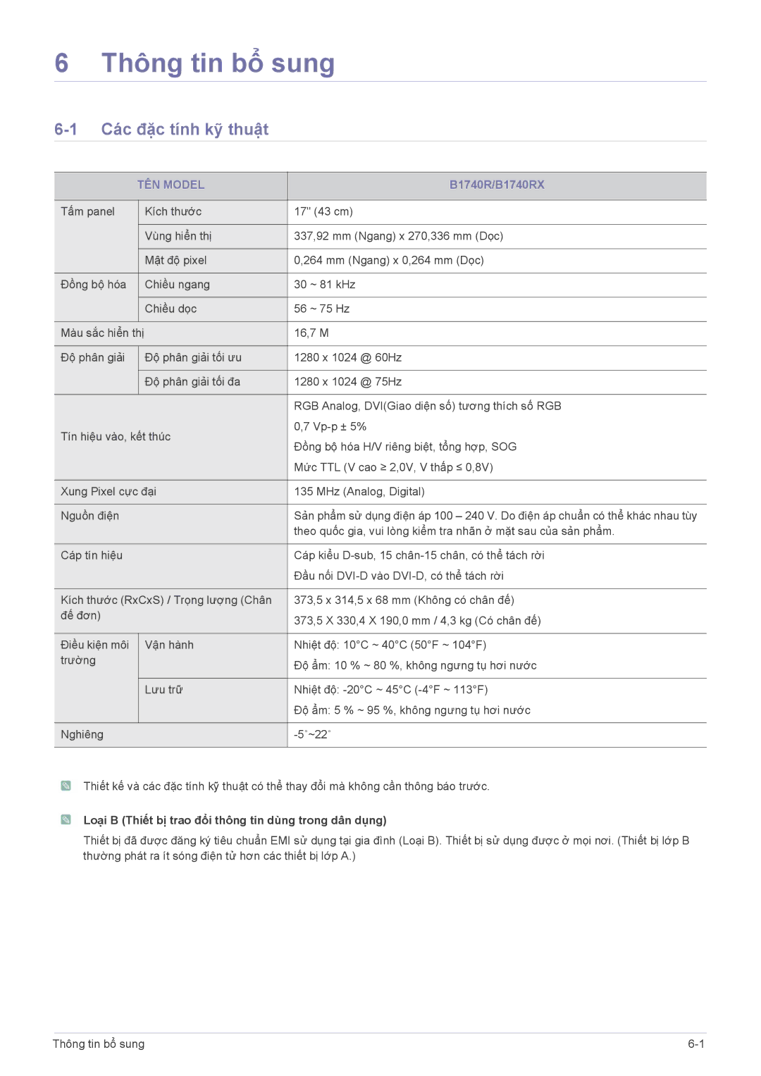 Samsung LS19CLASB/XF manual Các đặc tính kỹ thuật, B1740R/B1740RX, Loại B Thiết bị trao đổi thông tin dùng trong dân dụng 