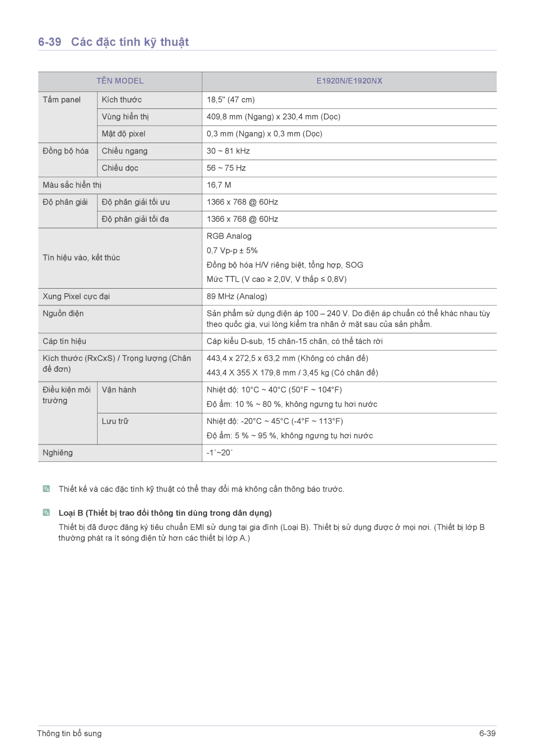 Samsung LS19CLUSFMXV, LS22CBUABV/EN, LS22CBUABV/CH, LS23CBUMBV/EN, LS19CLASB/XF manual 39 Các đặc tính kỹ thuật, E1920N/E1920NX 