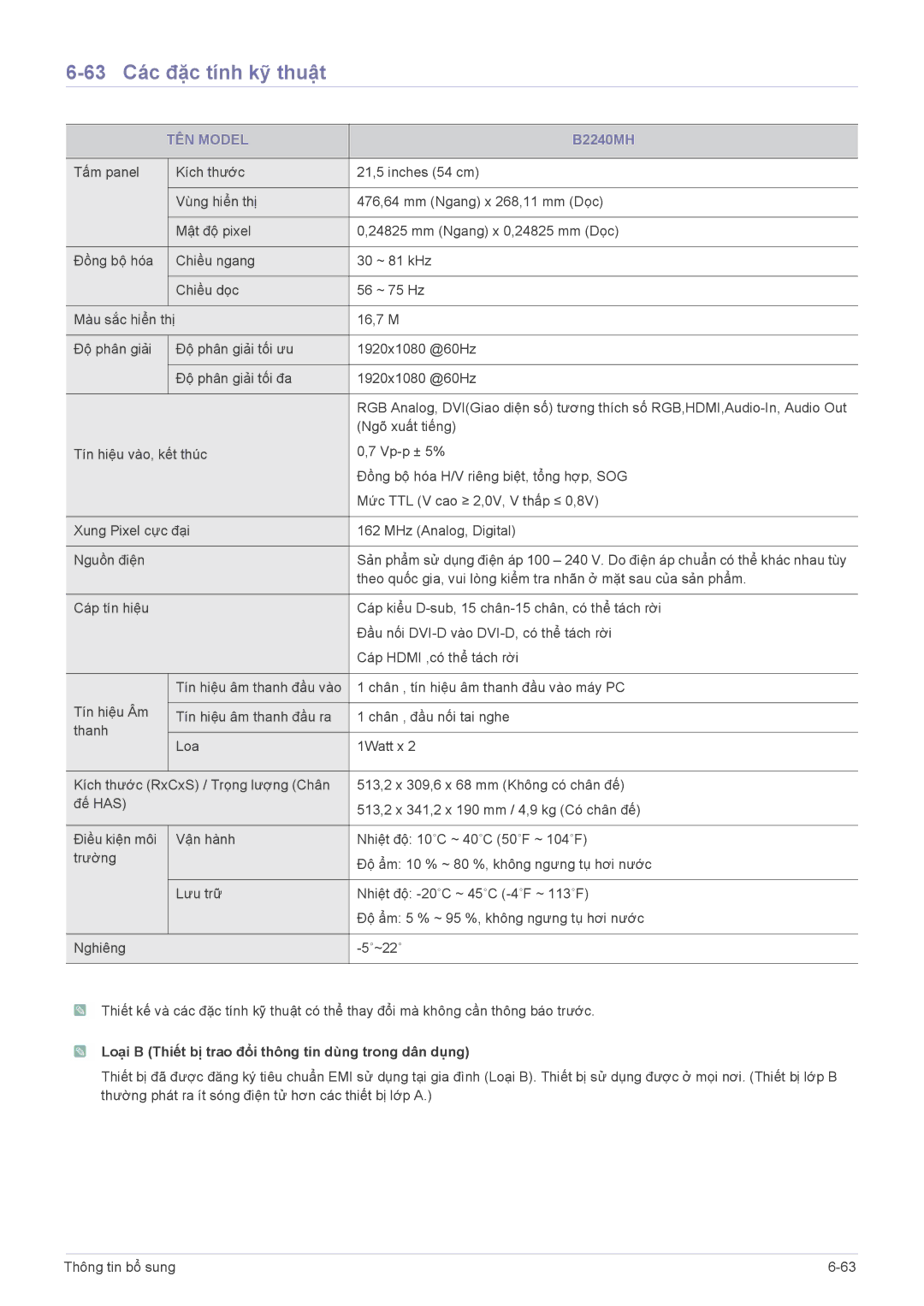 Samsung LS23CBUMBV/EN, LS22CBUABV/EN, LS22CBUABV/CH, LS19CLASB/XF, LS20CLUSFVMXV manual 63 Các đặc tính kỹ thuật, B2240MH 