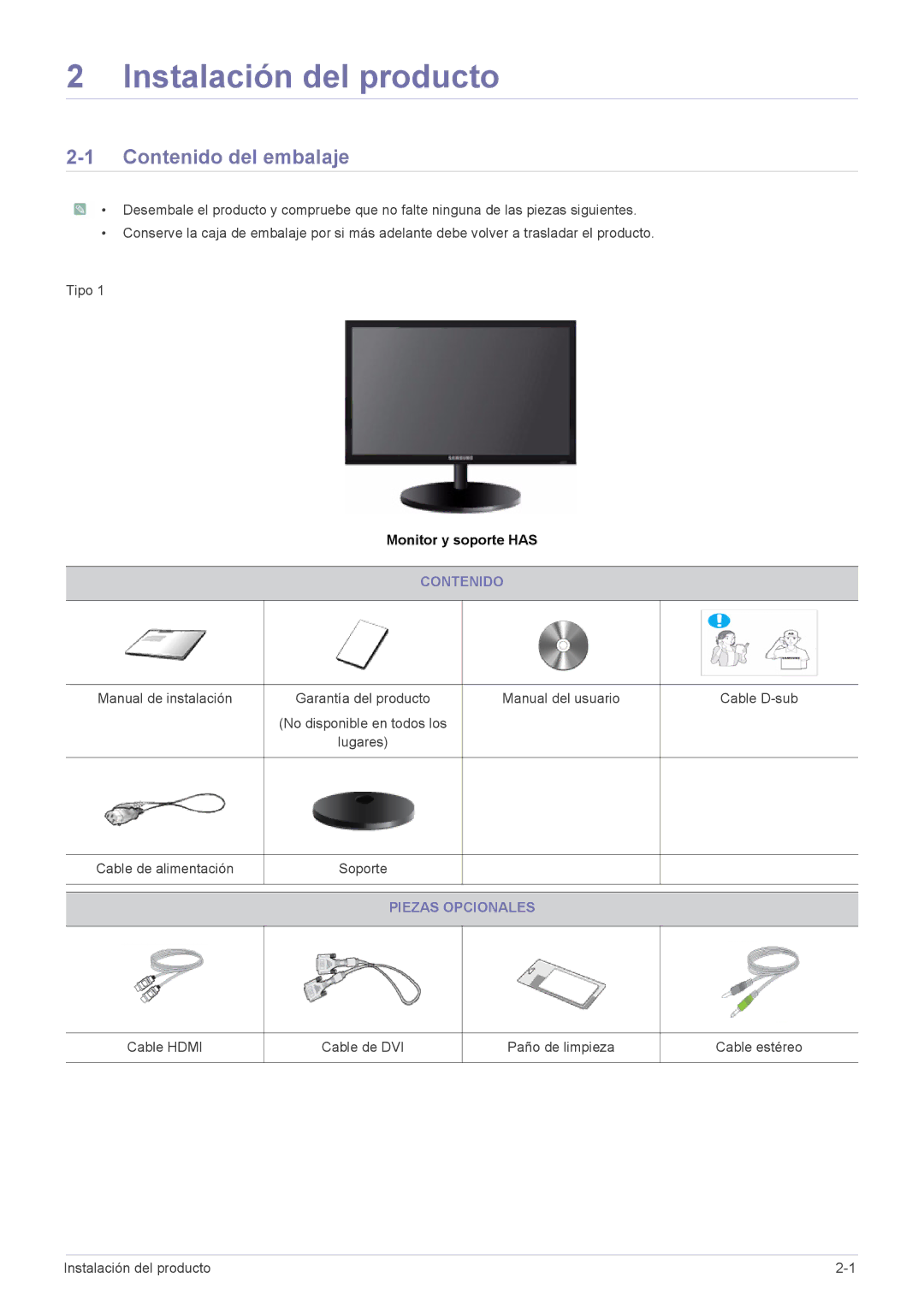 Samsung LS17CLASB/EN, LS22CBUABV/EN, LS22CBUMBV/EN, LS19CLYSBUEN manual Instalación del producto, Contenido del embalaje 