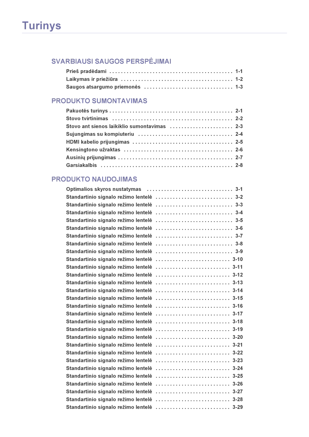 Samsung LS22CBUMBV/EN, LS22CLZSB/EN, LS20CLYSB/EN Pakuotės turinys Stovo tvirtinimas, Standartinio signalo režimo lentelė 